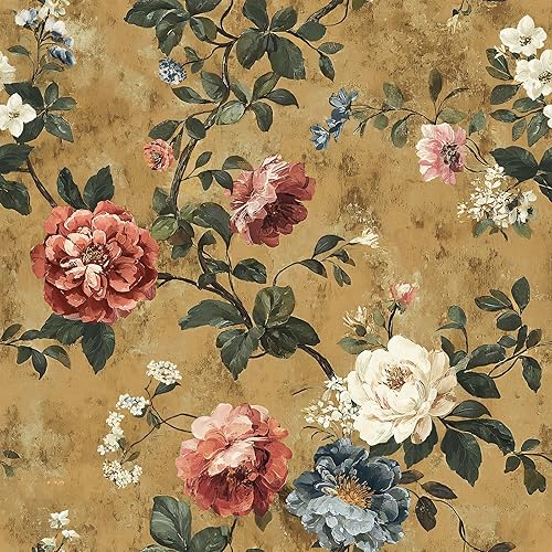 VEELIKE Antique Mustard Yellow Floral Peel and Stick Wallpaper Vintage Chinoiserie Wallpaper 17.7''x354'' Self Adhesive Contact Paper Removable Cottagecore Peony Wall Decor for Bedroom Bathroom Renter