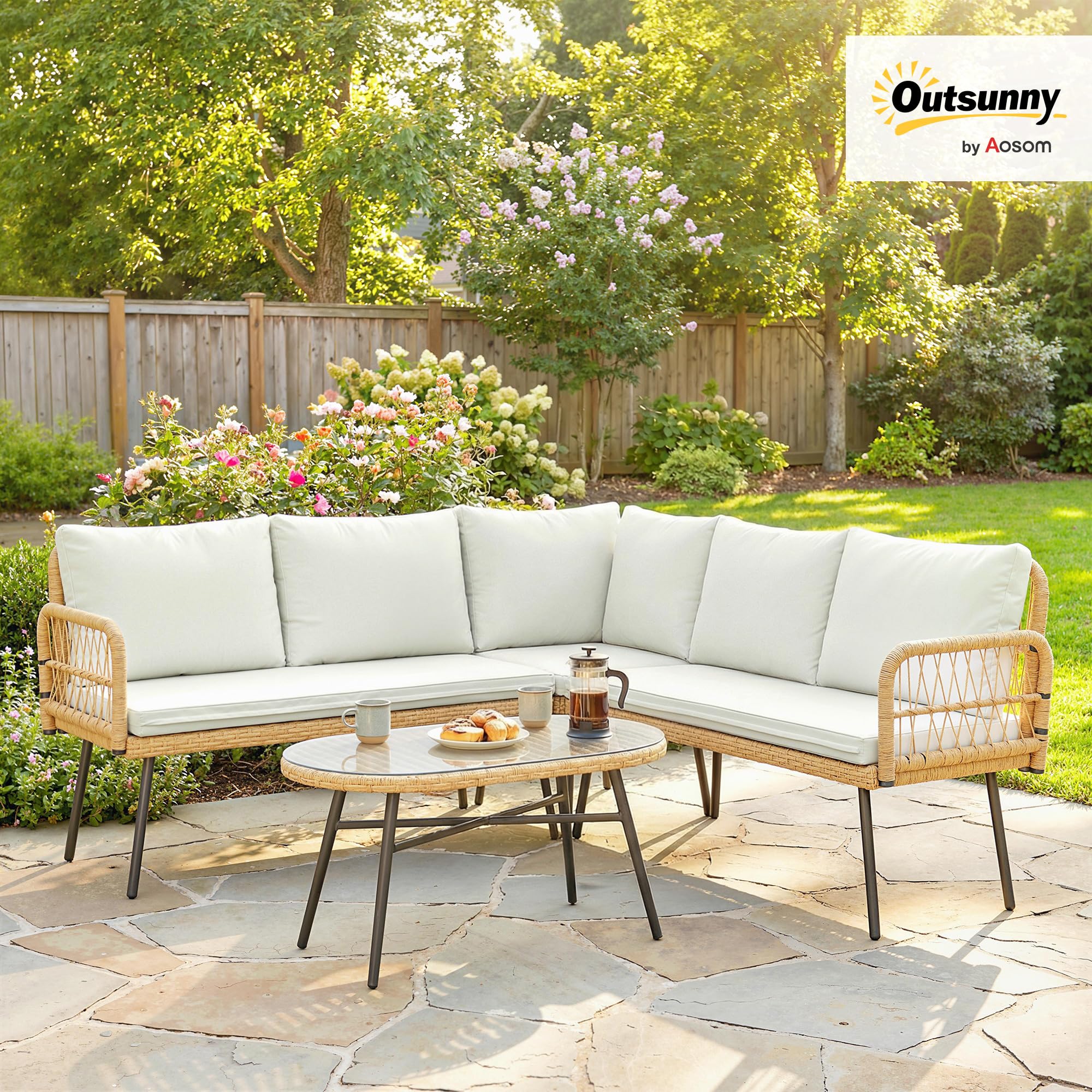 Outsunny Set Salotto da Giardino in Rattan 4 Pezzi, Salottino da Giardino Esterno ad L con 2 Divani 2 Posti, Angolo, Tavolino da Caffè, Cuscini, Struttura in Acciaio, per Balcone Patio, Naturale/Crema