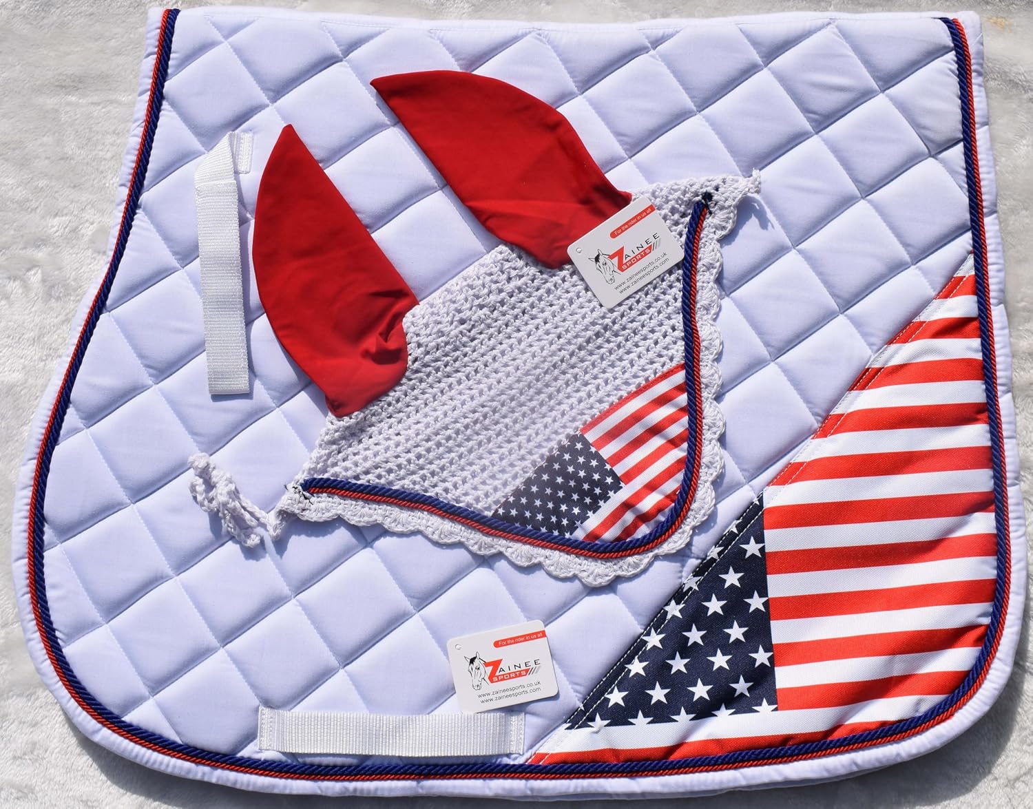 USA White Flag Saddle Pad Set with Matching Ear Bonnet – Print Horse Riding Gear – Non-Slip/Breathable – Western/English Show