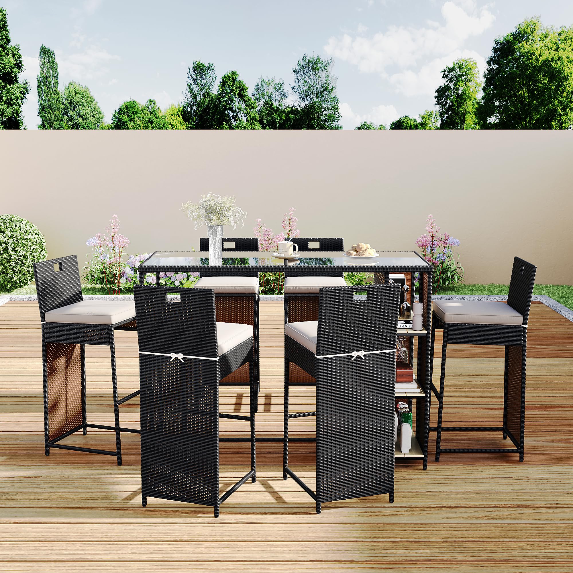 Merax Ensemble bar jardin 7 pièces 6 tabourets hautes polyrotin noir marron foncé