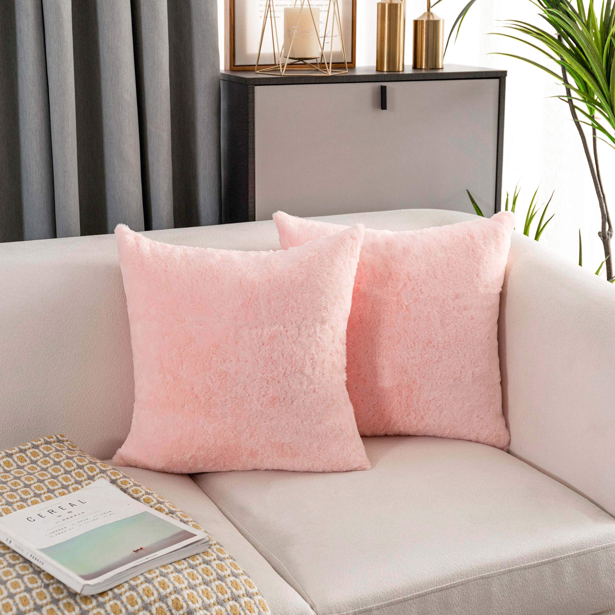 Home Brilliant Set of 2 65x65 Cushion Covers Easter Decor Cute Large Fluffy Faux Fur Cushion Covers 65 x 65 cm, Pink