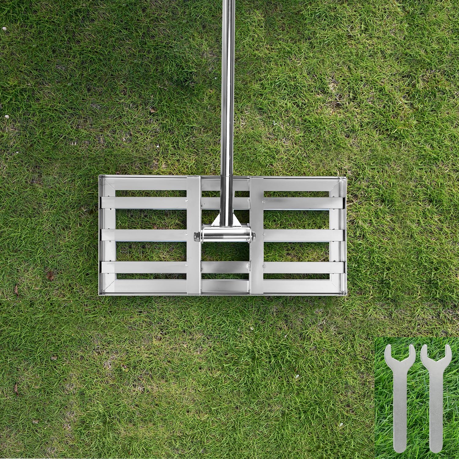 Râteau Niveleur Pelouse 50x25cm - Acier Inoxydable - Poignée Antidérapante - Jardinage