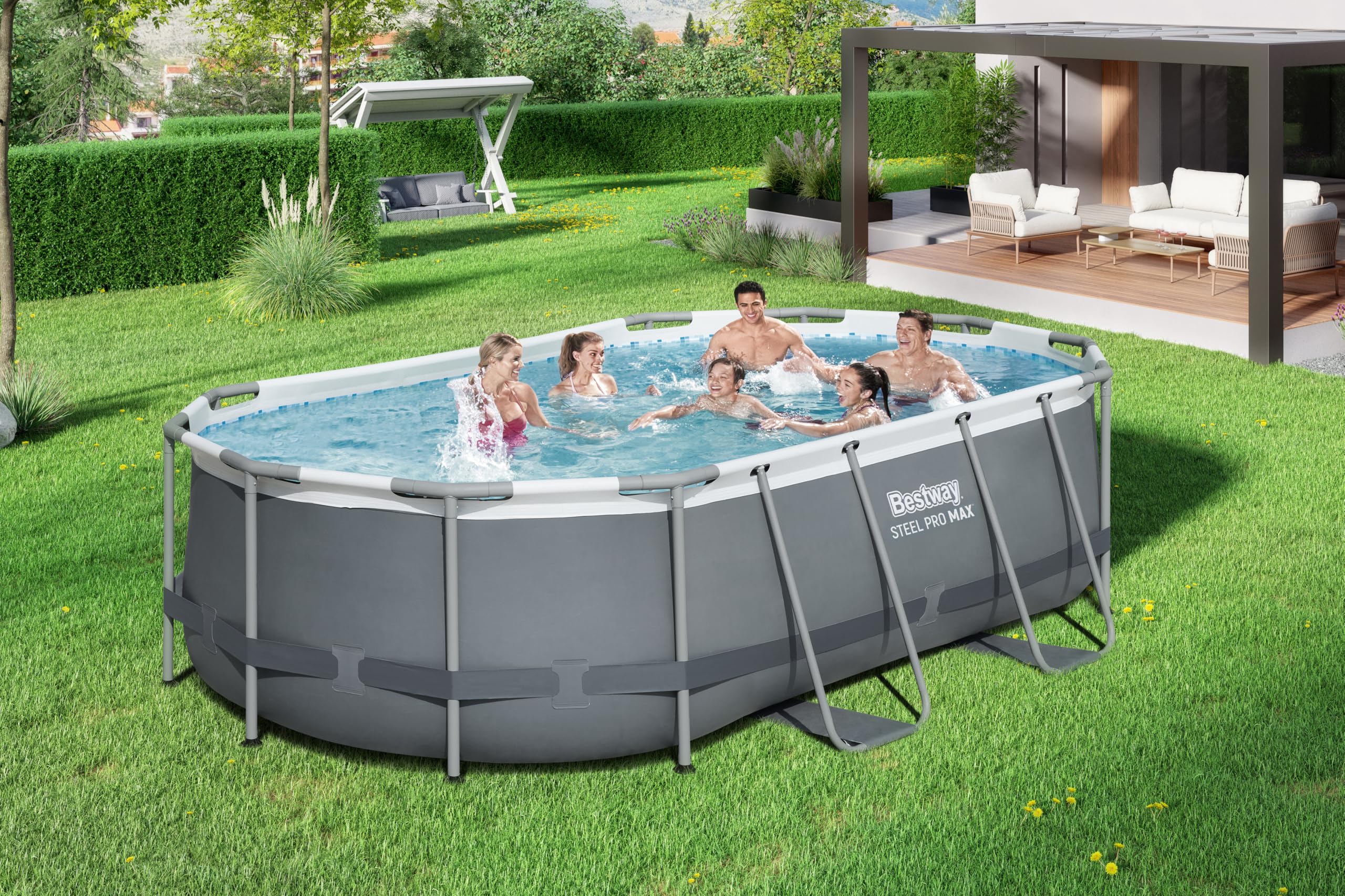 Bestway Juego de Piscina Ovalada de 14' x 8'2" x 39.5"/4.27 m x 2.50 m x 1 m