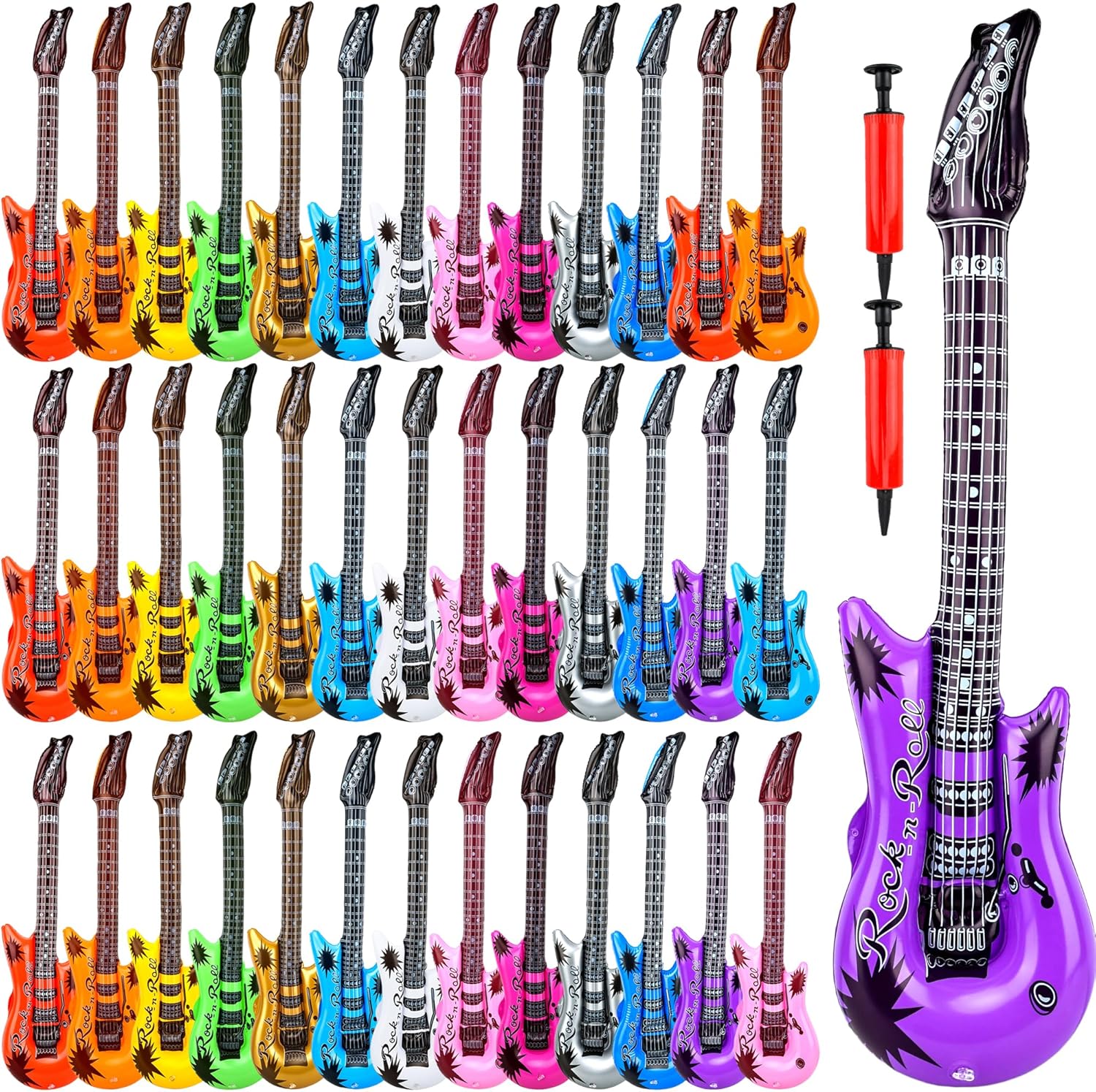 40 Pack Inflatable Guitar Blow up Guitar Bulk Fake Party Prop Inflatable Rock Star Guitars with Air Pump for 80s 90s Themed Carnival Birthday Party Favor, 12 Colors