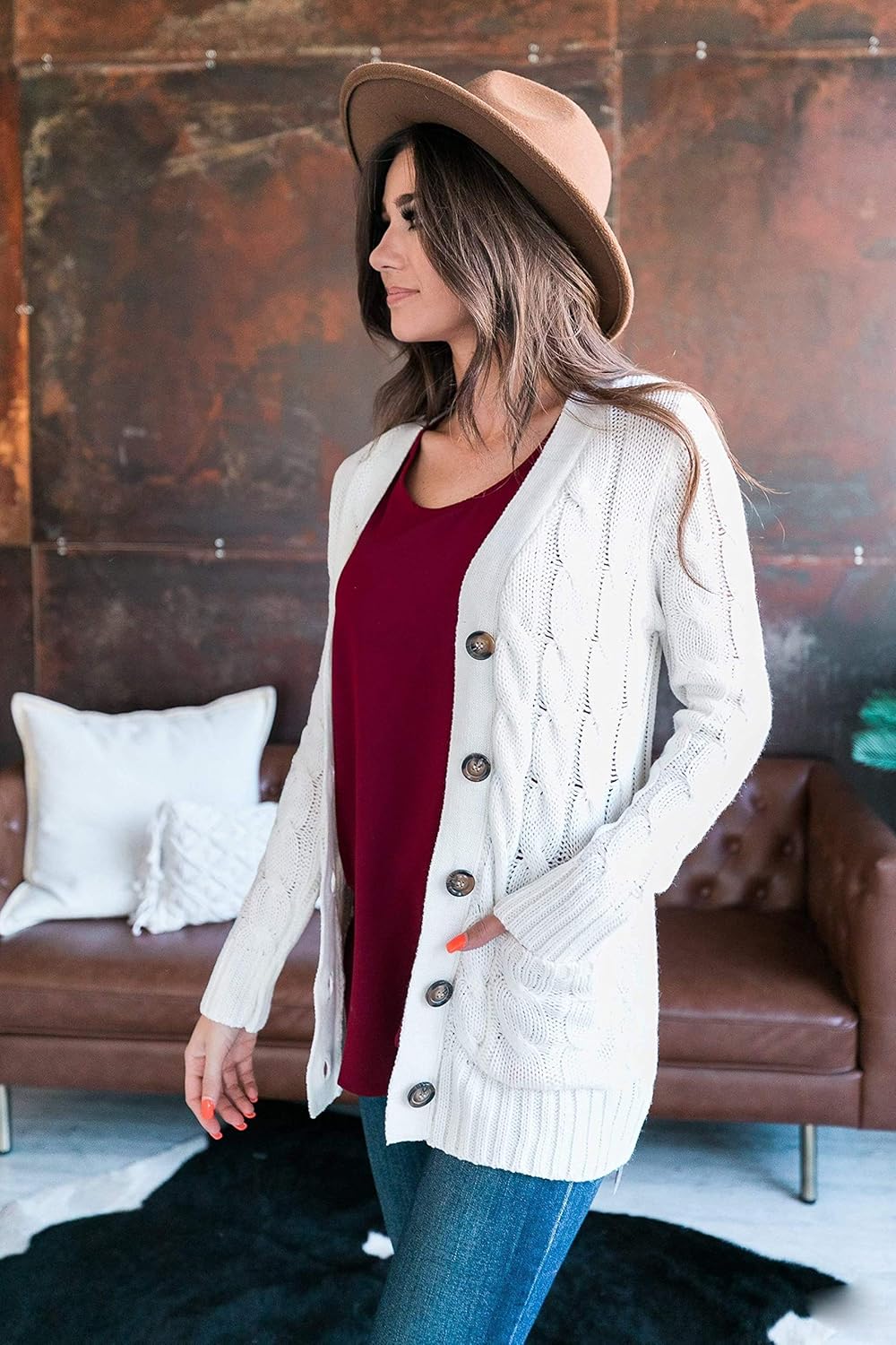 Cardigan Sweaters for Women Long Sleeve Open Front Button Cable Knit Pockets Cardigans - Image 2