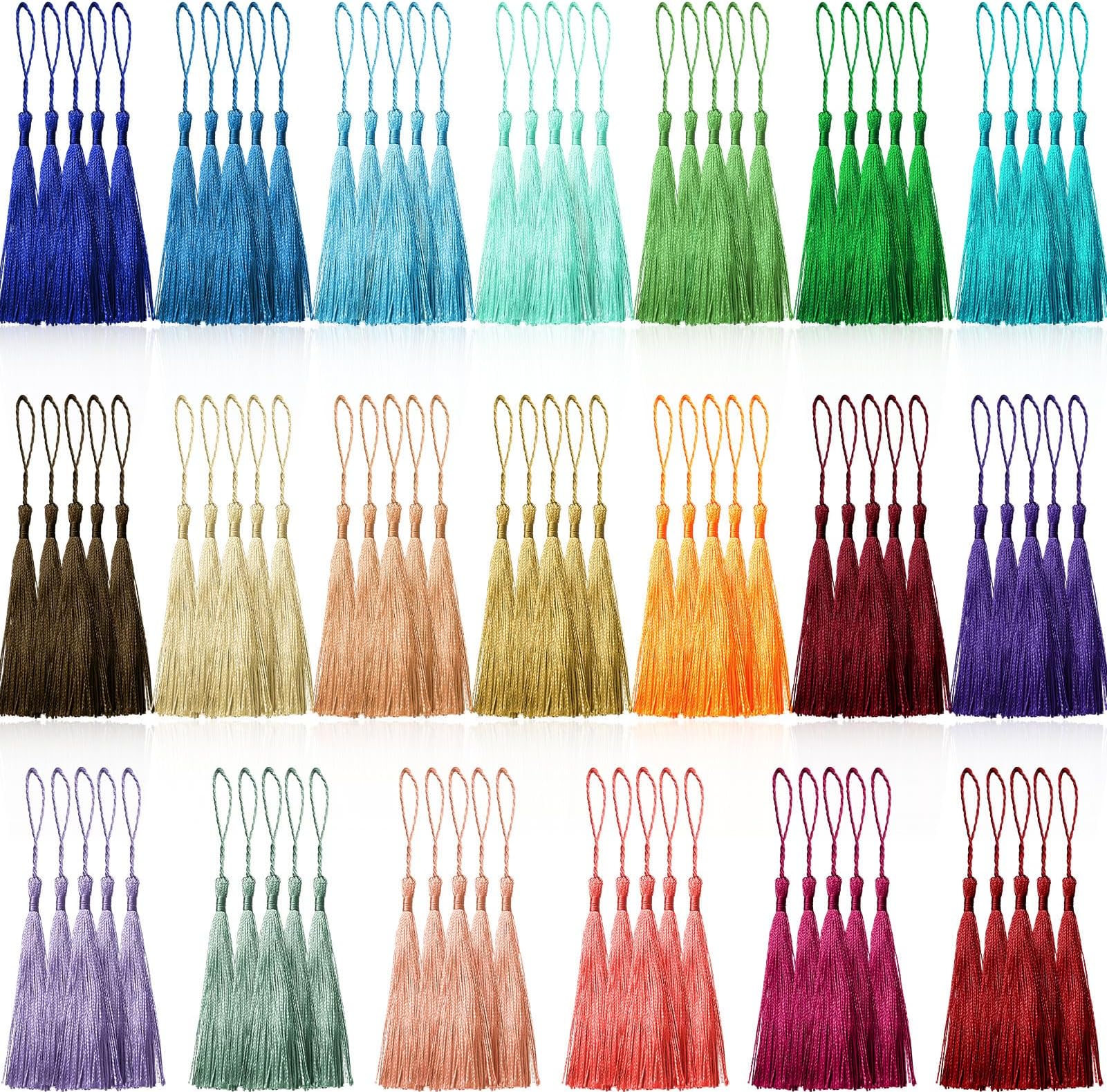 Creatrill 100 Pcs 13cm/5 Inch Silky Handmade Soft Craft Mini Tassels with Loops for Jewelry Making, DIY Projects, Bookmarks, 20 Colors, 5 Pcs of Each
