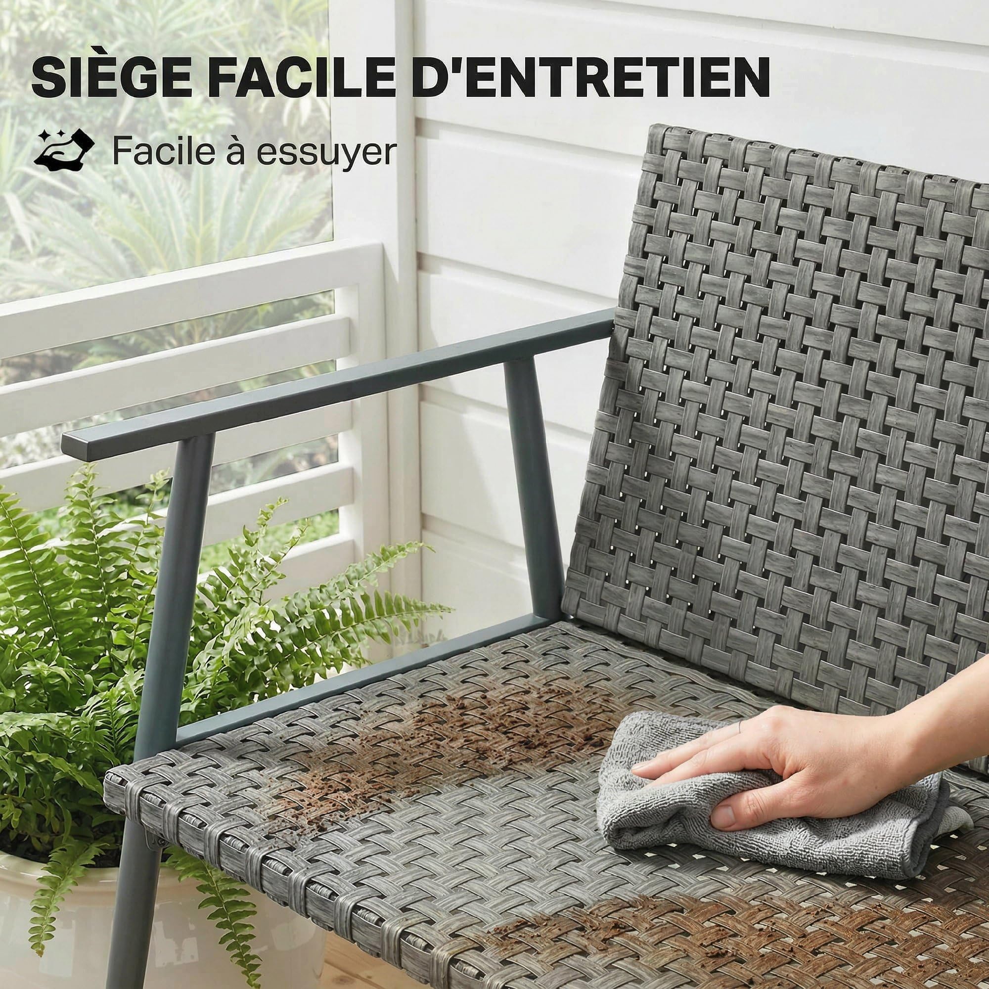 Outsunny Panca da Giardino a 2 Posti in Resina Intrecciata PE con Braccioli, Schienale e Gambe Regolabili, Struttura in Acciaio Zincato, Grigio