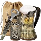 Viking Culture Horn Mug Gift Set – 16 oz Tankard &plus; 3 oz Shot Glass &plus; Bottle Opener &plus; Gift Tote&comma; Hand‑Carved Norse Design&comma; Medieval Viking Beer Stein for Men