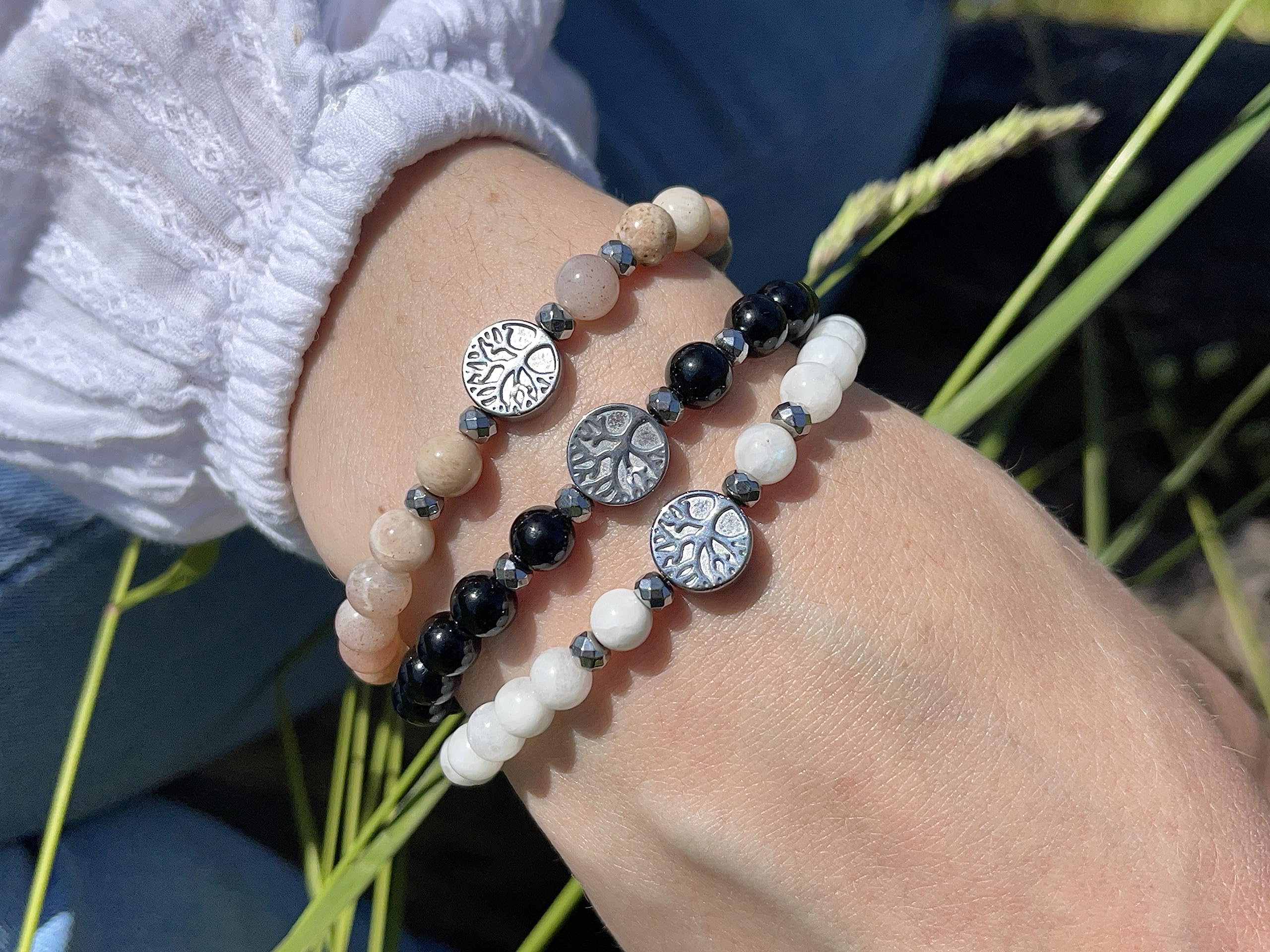 Mondstein Sonnenstein Mix Armband Perlen echt 6mm Lebensbaum Hämatit Silber - Handmade Perlenarmband Weiblichkeit Herzenswärme - Spiritueller Schmuck Unisex - Personalisierbar