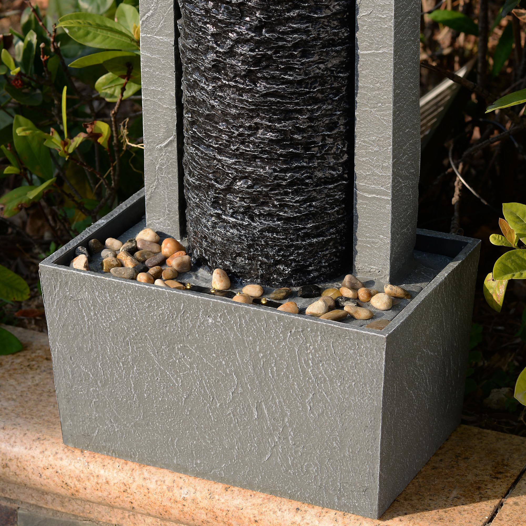 Teamson Home Fontaine de Jardin Haute Cascade exterieure LED Roche superposee Patio Durable Gris Fonce