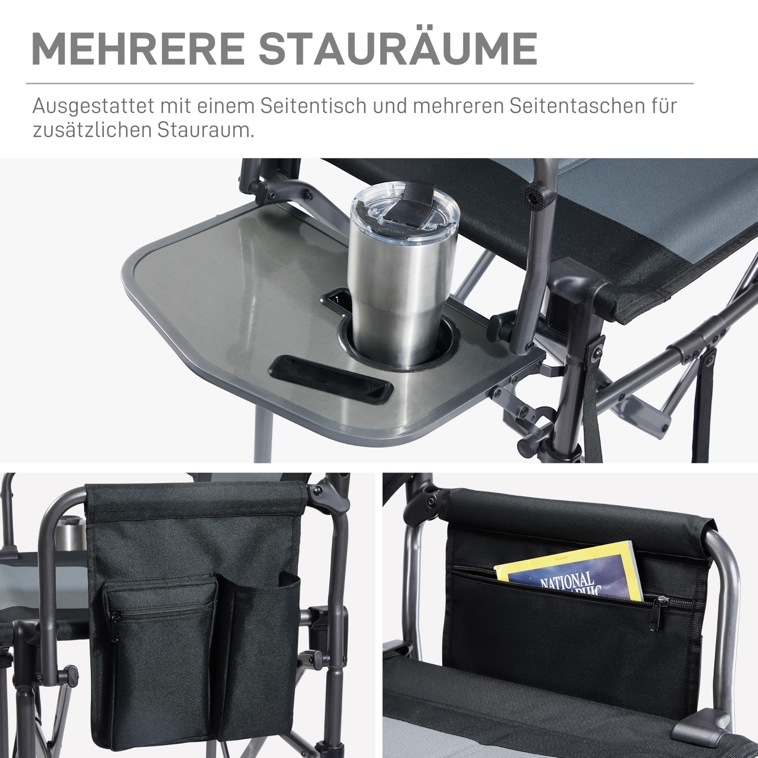EVER ADVANCED 78CM Sitzhöhe Regiestuhl Hoch Klappbar, Make Up Stuhl Faltbar 160KG Belastbar mit Beistelltisch&Seitentasche, Schminkstuhl für Make-up Artist, Sportveranstaltung, Bar-Stuhl，Schwarz-Grau