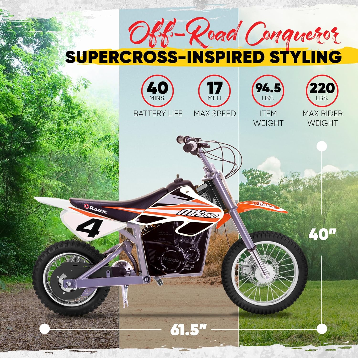 Razor MX650 Dirt Rocket Bike Electric Ride-On for Ages 16+, 220 lb Max Weight, Orange – 36V Battery, Up to 17 Mph, 40-Min Run Time, Twist-Grip Throttle, 16” Front and 14” Rear Pneumatic Tires
