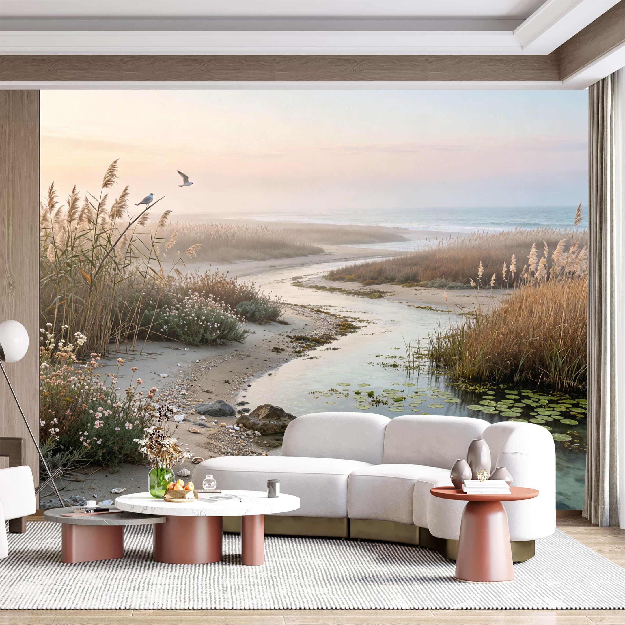 Custom Size Wall Mural Coastal Landscape Reeds Birds Ocean Mist Pastel Sky Watercolor SelfAdhesive Wall Fabric Removable for Home Office Decor