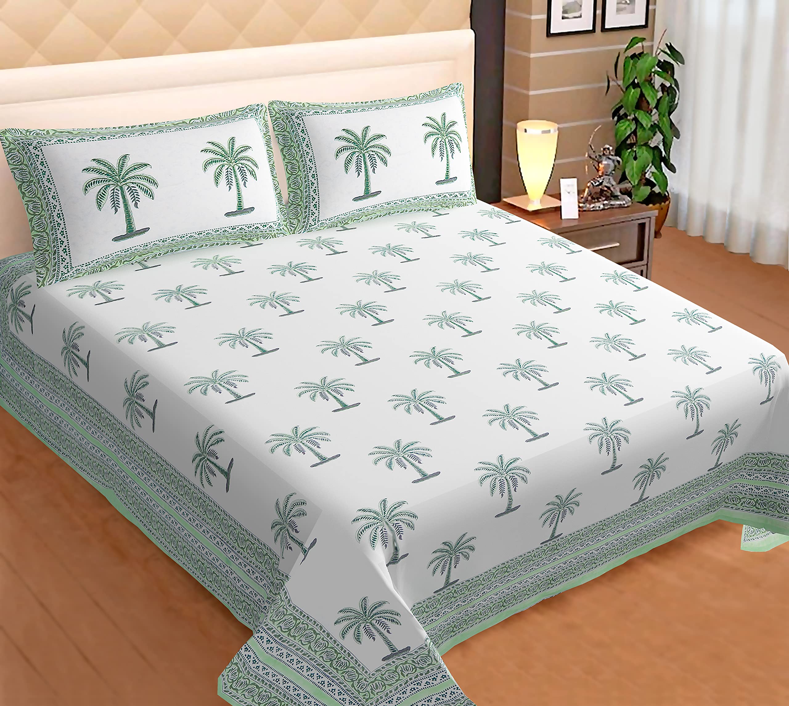 Jaipuri Kala King Size Bed sheet with two pillow covers, with handmade block printed royal bedding made with 100% indian cotton in jaipuri pattern. (Supper King Size-108 X 108 inch)