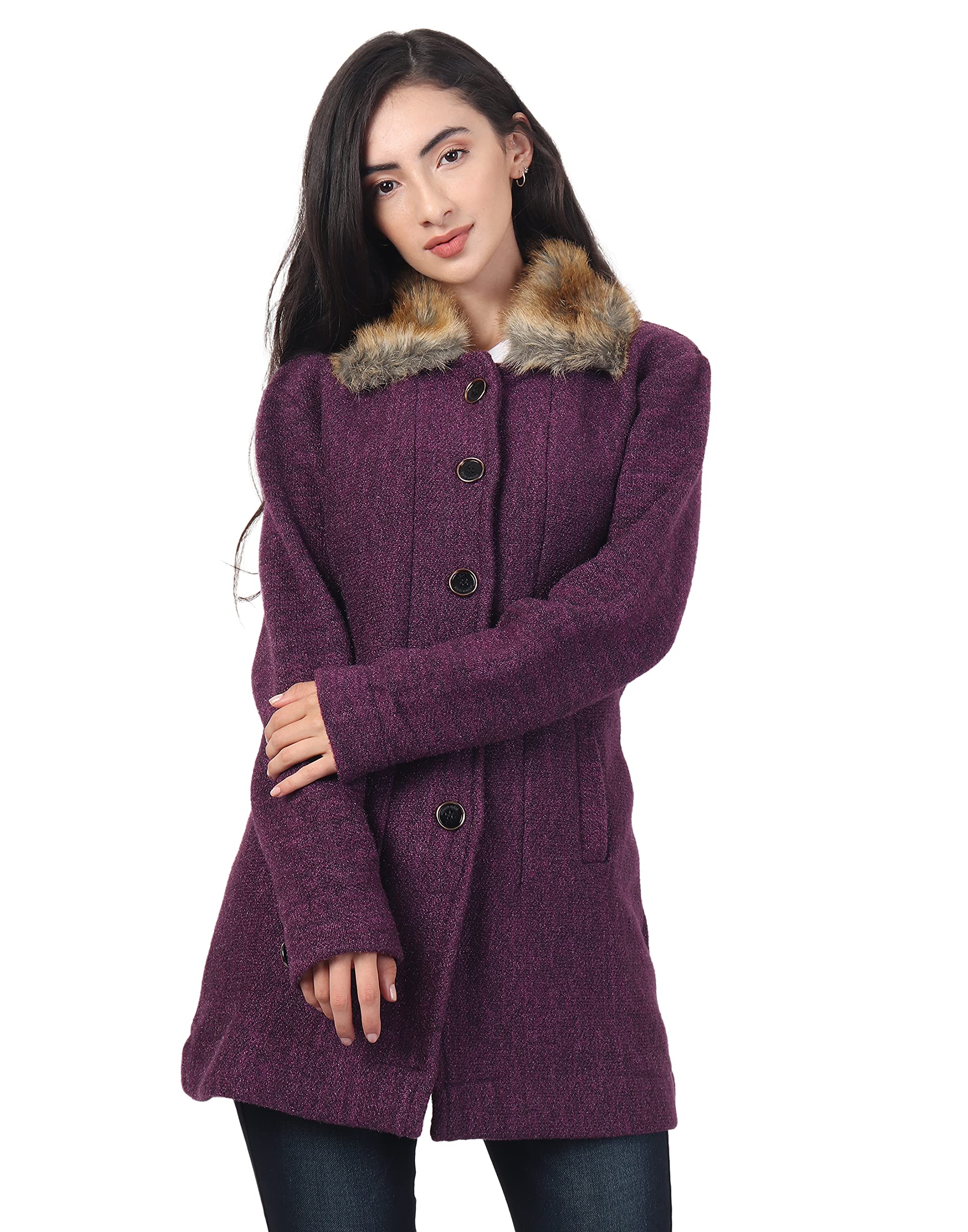 hautemoda Solid Collared Neck Casual Women Coat with Fur Collar-picture-43