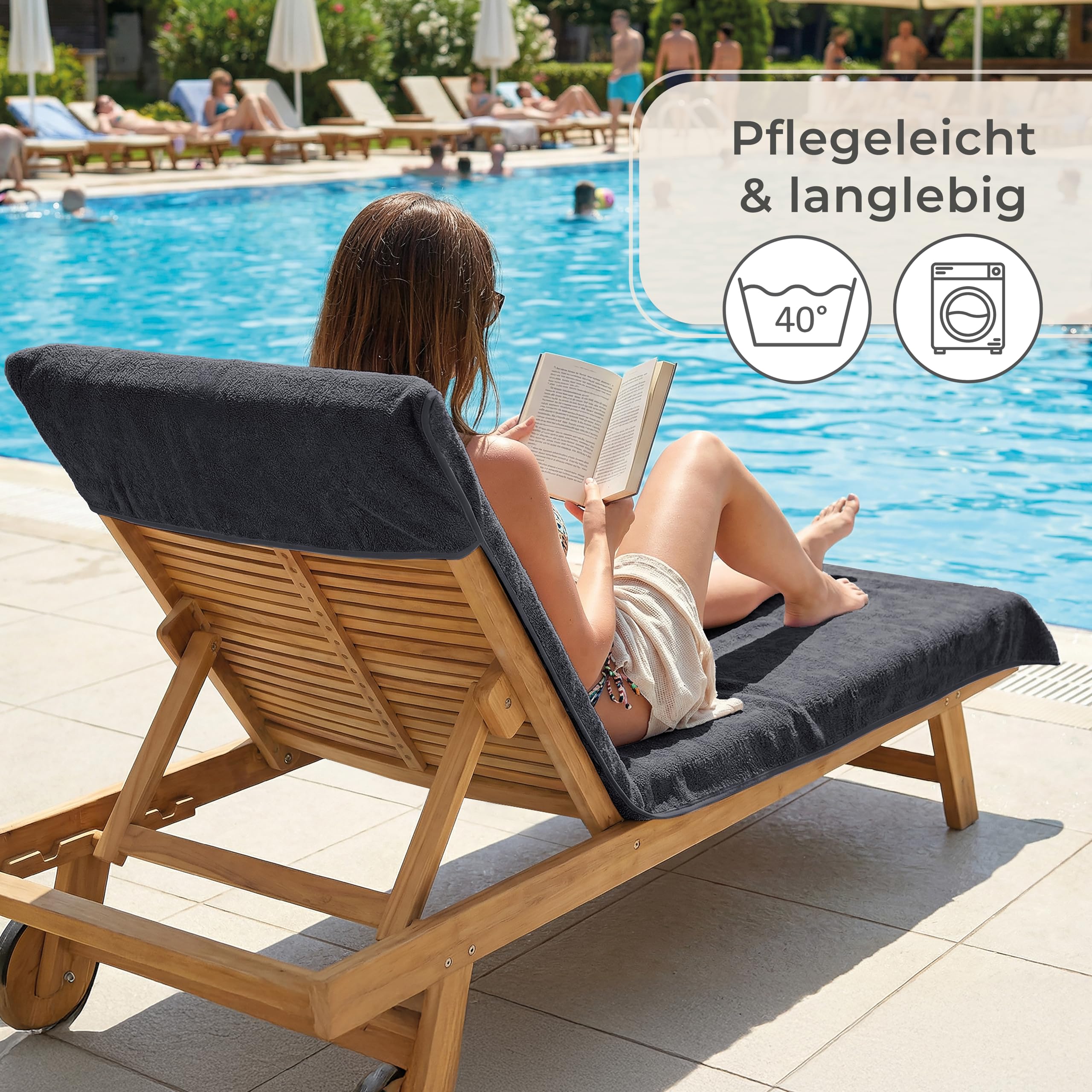 LAYNENBURG 2er-Set Premium Schonbezug für Gartenliege - 100% Baumwolle - Oeko-TEX 100 - Frottee Handtuch-Bezug Sonnenliege - Liegenbezug mit Umschlag für Standliege, Liege-Stuhl (75x200 cm Anthrazit)