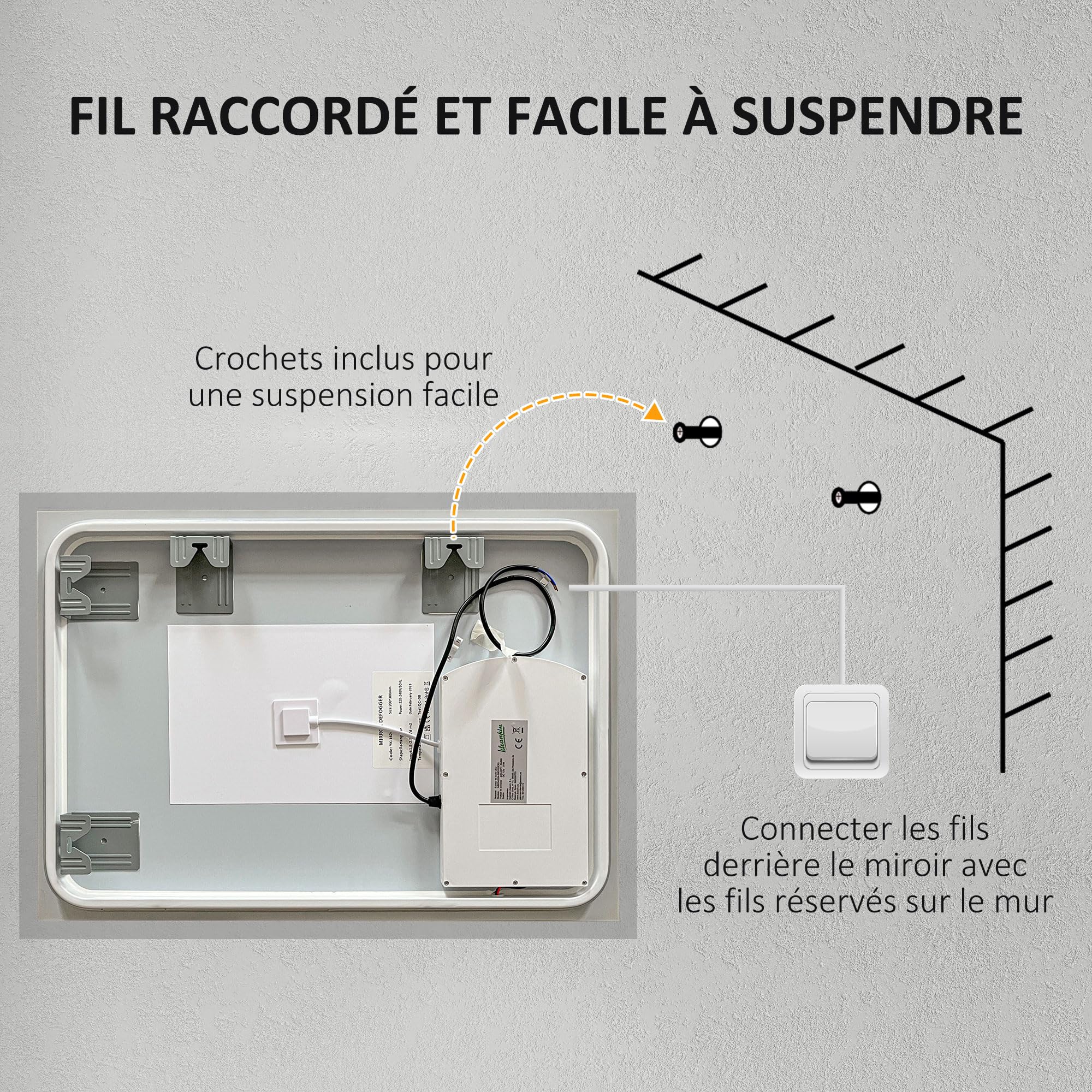 kleankin Miroir Mural Lumineux LED de Salle de Bain 80 x 60 cm Transparent | Avec 3 Couleurs, Luminosité Réglable, Interrupteur Tactile, Système Antibuée
