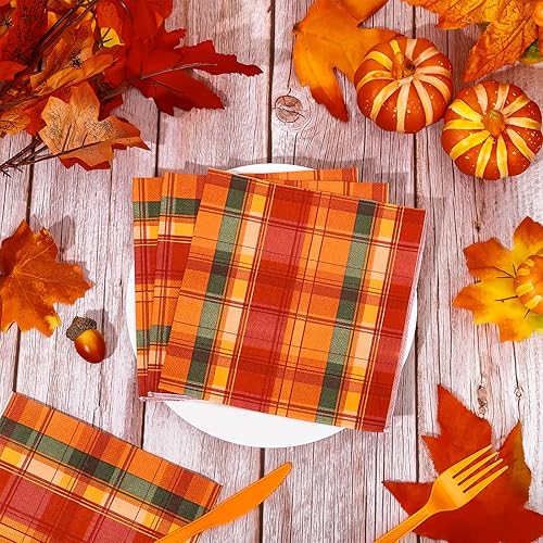 Miniatura 3 de Whaline Paquete de 80 servilletas de papel de otoño de 6.5 x 6.5 pulgadas, servilletas de papel desechables a cuadros rojos, naranja y verde, para