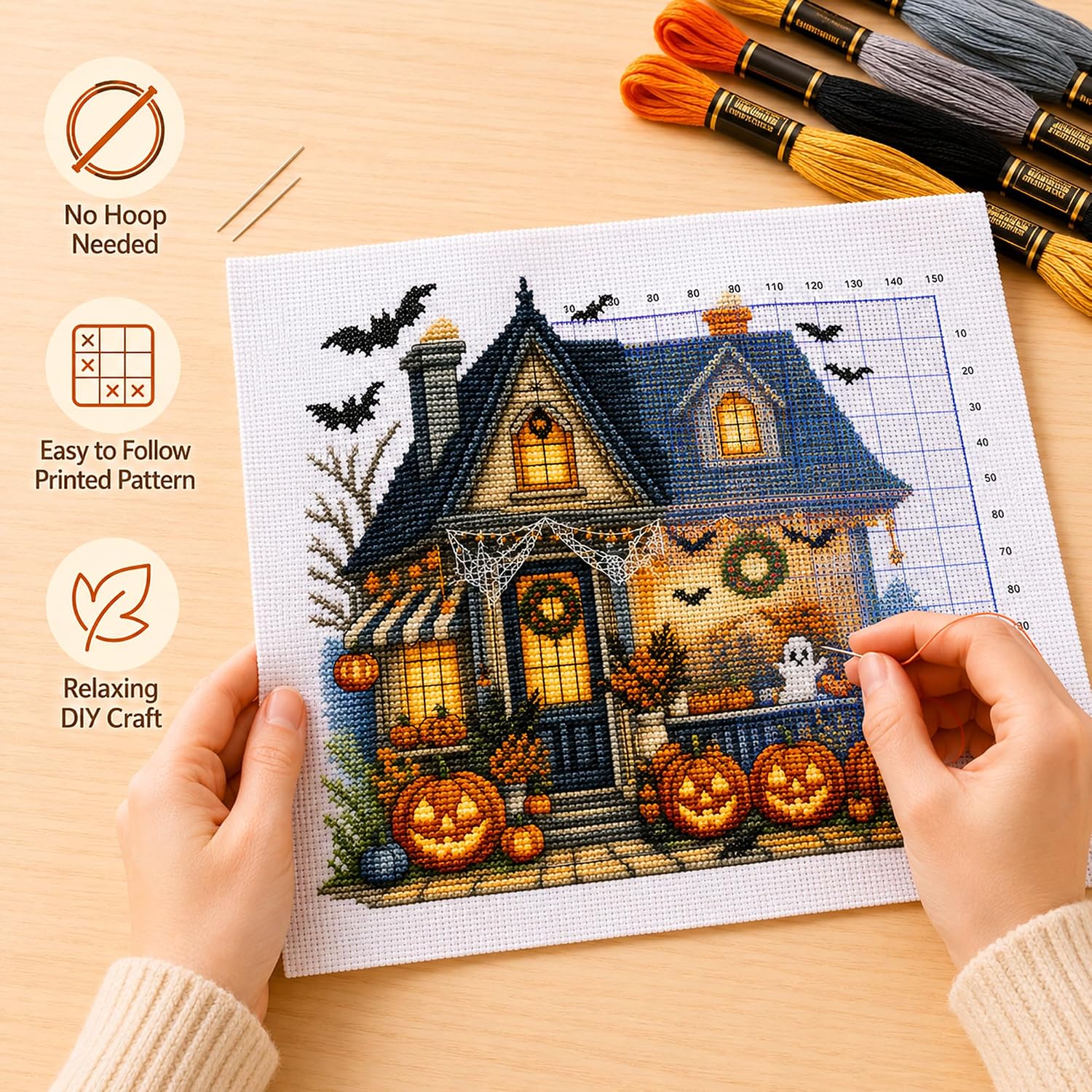 Zhenqing Halloween Pumpkin House Cross Stitch Kit, 11CT 38x38cm