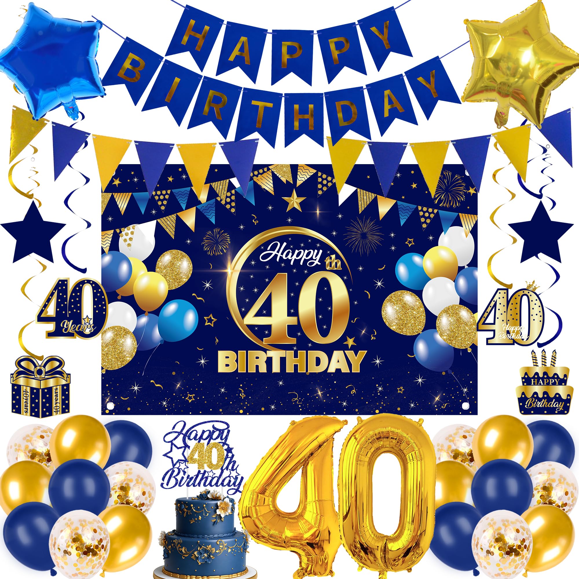 40th Birthday Decorations Balloons Banner - 33 PC Blue Gold Balloon Set