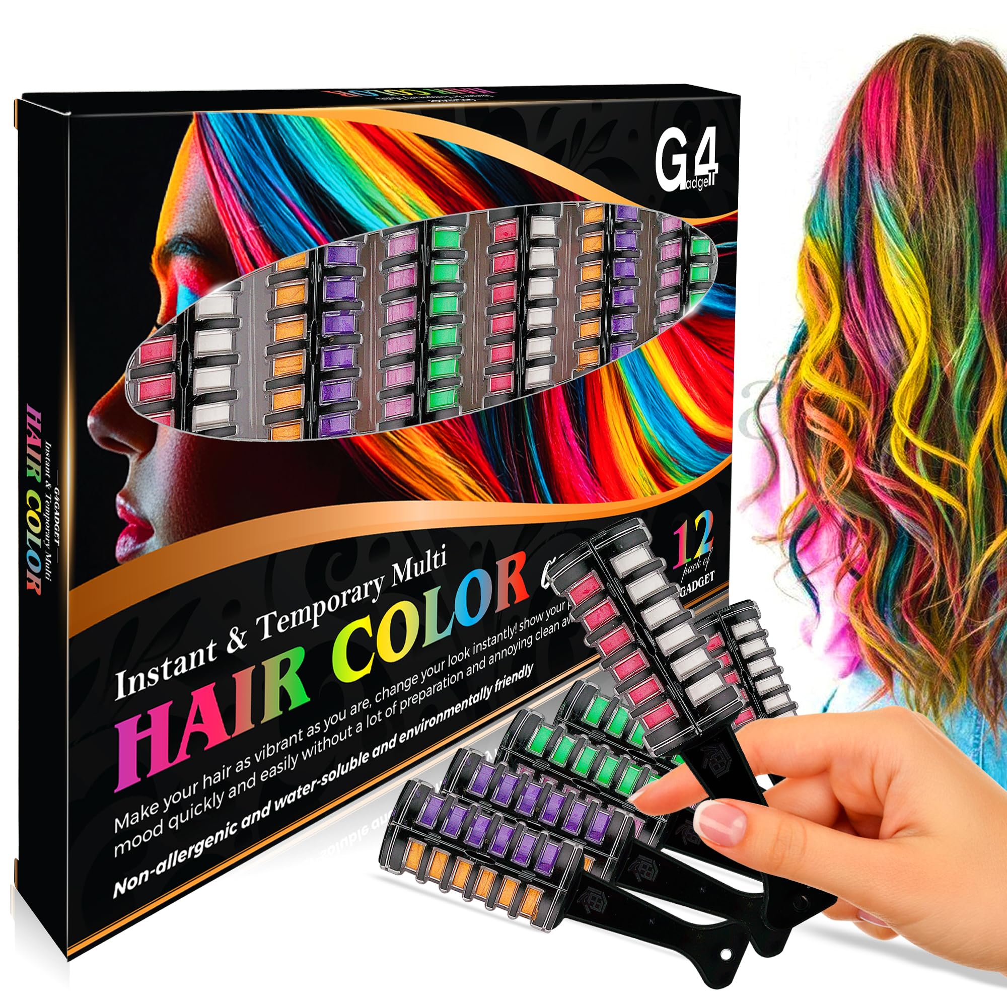 G4GADGET 2-in-1 Hair Chalk Comb Set – 12 Vibrant Temporary Hair Colours (6 Dual Combs) | Instant Washable Non-Toxic Hair Dye for Girls, Kids & Women | Fun Party, Cosplay & Festival Hair Colour Gift Se