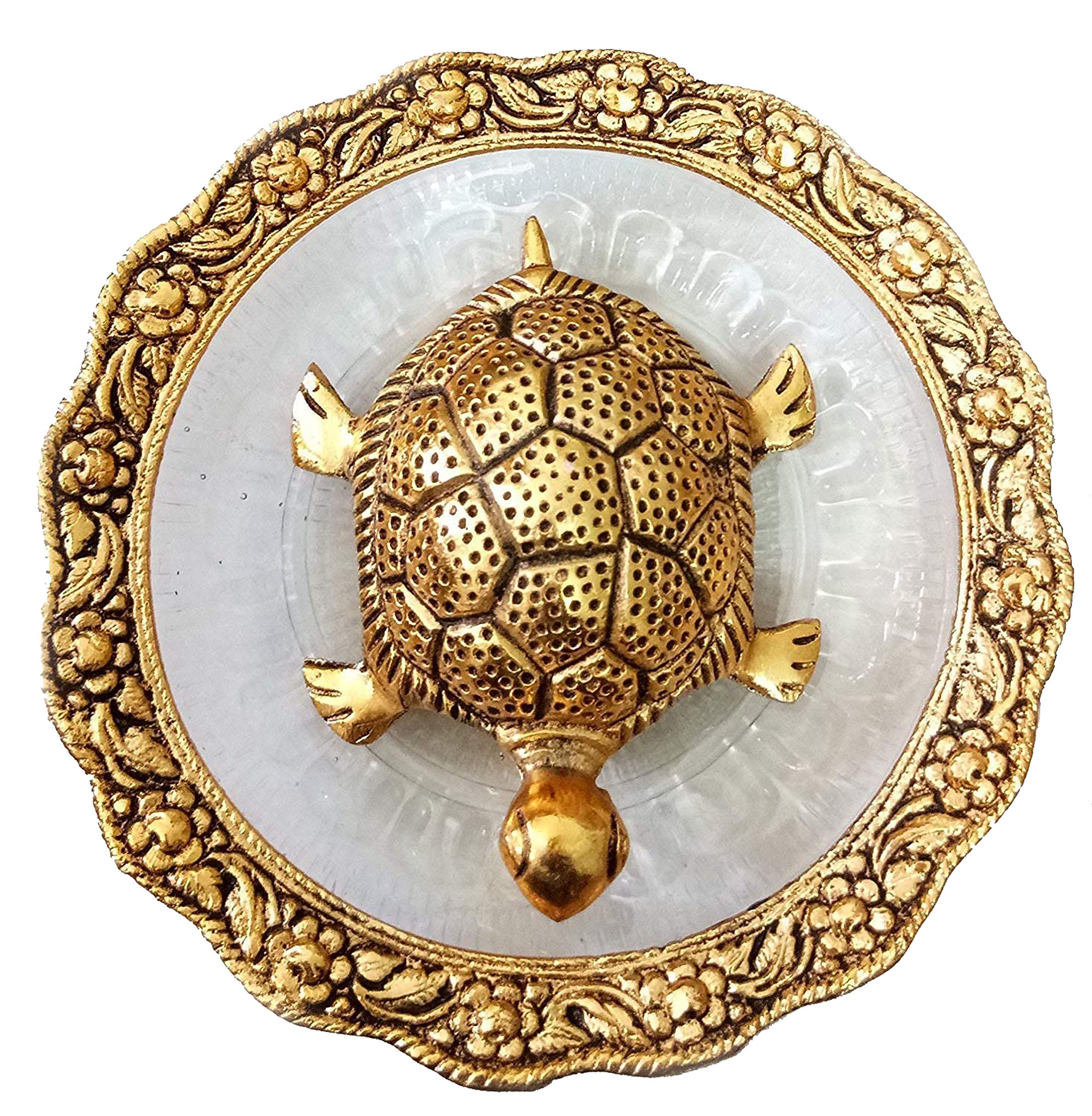 oramsaTortoise On White Glass (Kachhua Plate) Oxidized Golden Metal Vaastu Feng Shui for Home Decor and Gift