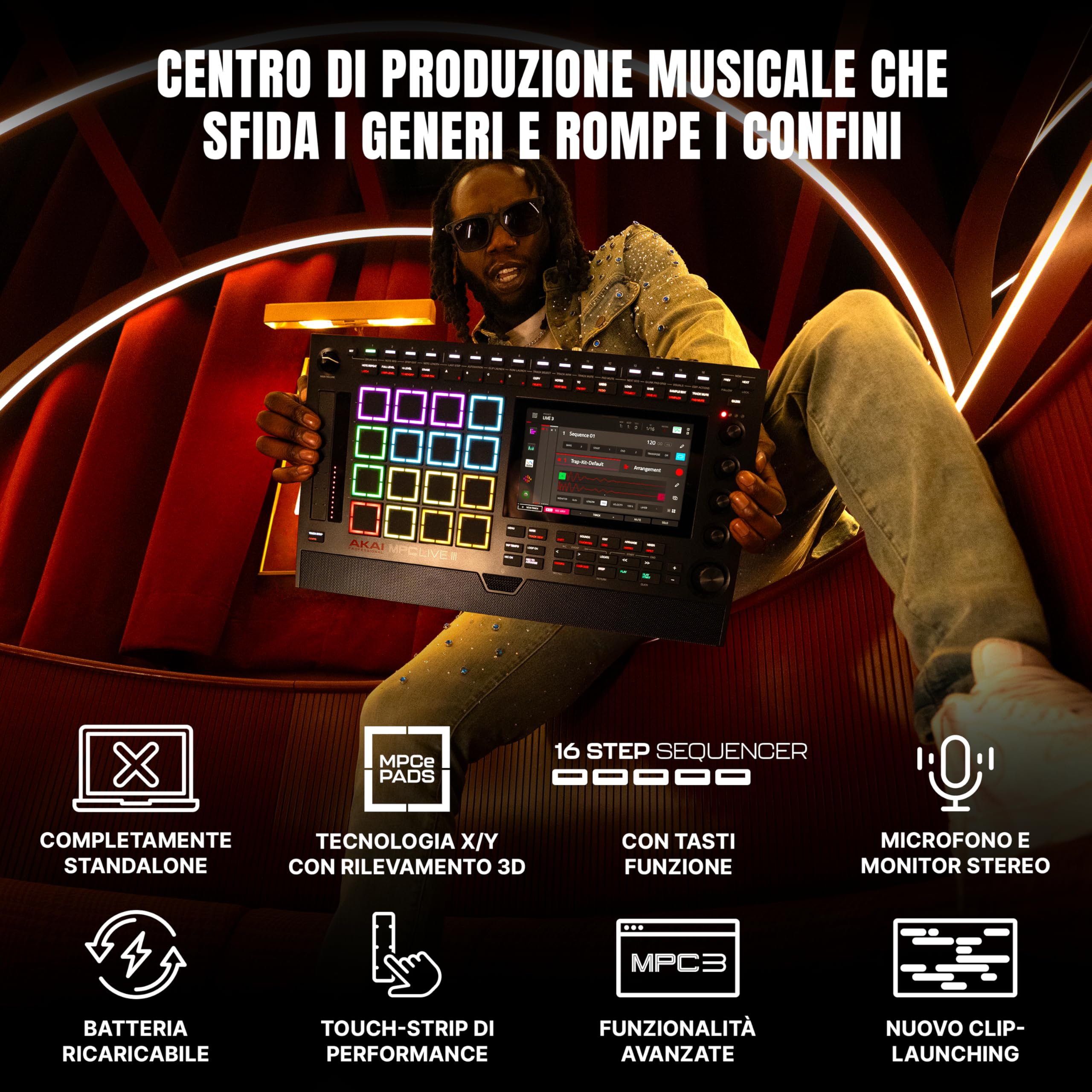 Akai Professional MPC Live III Centro di Produzione Musicale Portatile Standalone con Pads MPCe, Sequencer, Touchscreen, Microfono, Monitor Stereo, Interfaccia Audio, Wi-Fi, Bluetooth, Batteria