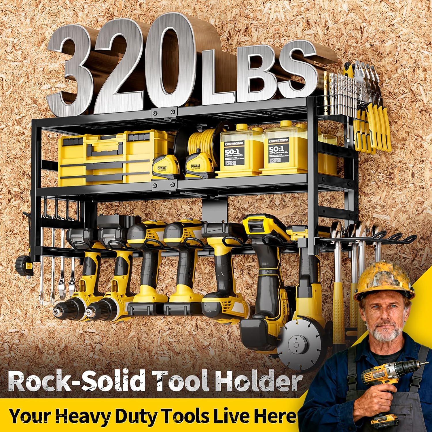 Power Tool Organizer Wall Mount Heavy Duty 320 lbs, 3 Layers Storage Rack with 9 Drill Holders & Battery Storage, cordless tool organizer for Garage, Workshop & Tool Room