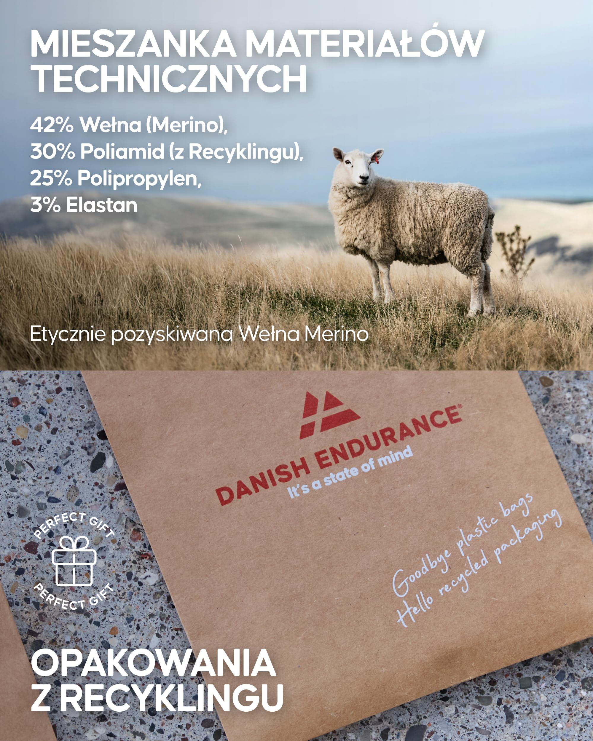 DANISH ENDURANCE Skarpety Narciarskie Merino, Lekkie, Precyzyjnie Dopasowane, z Niską Amortyzacją, Bezpośredni Kontakt z Butem i Kontrola nad Nartami