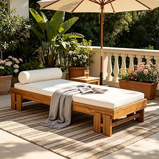 Christopher Knight Home Myan Acacia Wood Outdoor Daybed with Cushion & Pillow, Patio Sofa Couch For Poolside Backyard, Patio Garden Lounge Sofa with Low-Profile Design, Modern Pool Lounger, Cream+Teak