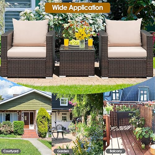 Miniatura 5 de HAPPYGRILL Juego de muebles de patio de 3 piezas con mesa de centro al aire libre de mimbre de mimbre con cojines lavables para jardín junto a la