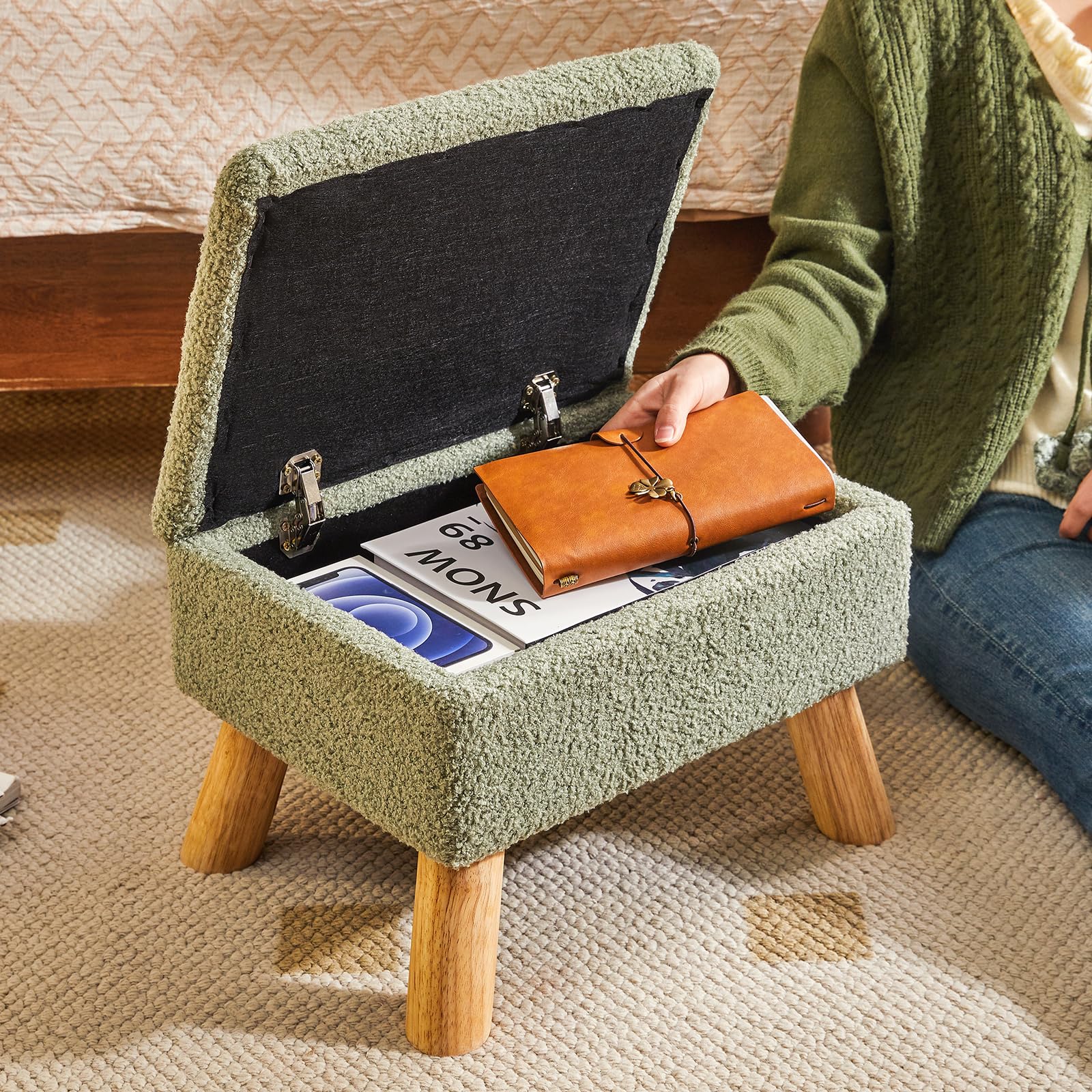 YMYNY Ottomano di Stoccaggio, Pouf Poggiapied, Piccolo Sgabello Con Gambe In Legno Robusto, Sgabello Contenitore Con Sedile Imbottito Per Soggiorno Camera Da Letto Ingresso 40 ×30 ×28CM Verde HBD042GR