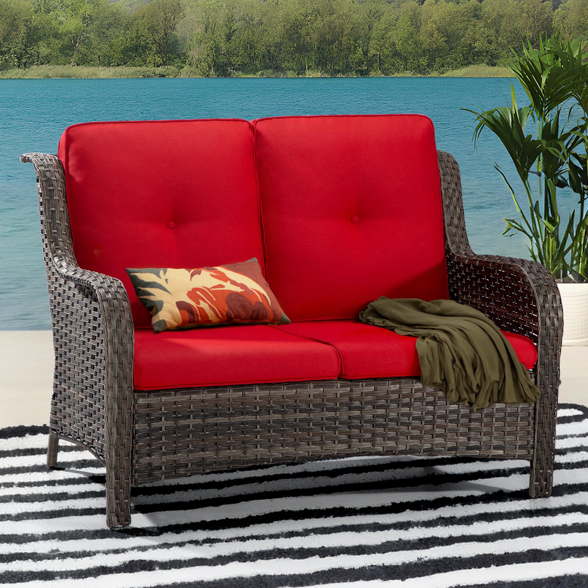 Patio Sofa Wicker 2-Seat Outdoor Couch with Deep Seating, High Back, Steel Frame and Olefin Cushion,Red