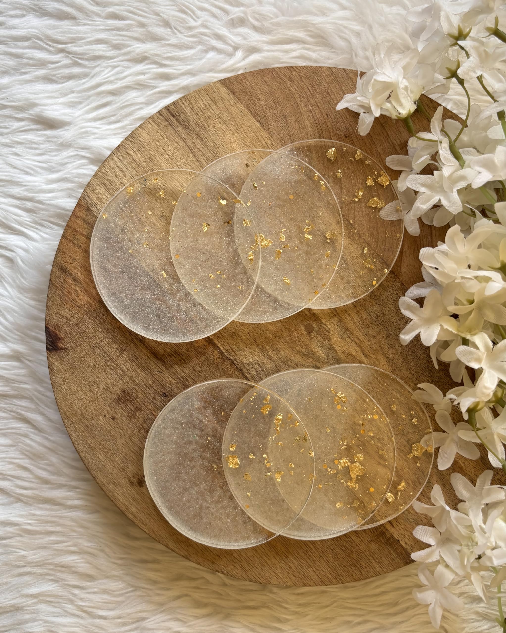 Artlia Handcrafted Resin Circle Coasters for Dining Table (4'' Diameter for Gifting (Birthdays,Anniversaries,Weddings),Enhancing Home Decor,Gifts,and Special Occasions Set of 6 (Silver)