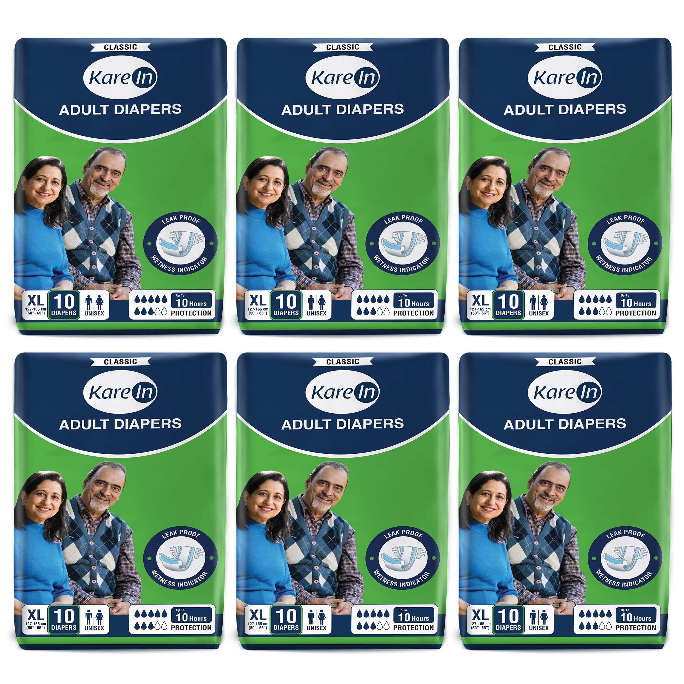 KareIn Classic Adult Diapers, Extra Large, Waist Size 127-165 Cm (50"-65"), 60 Count, Tape Style, Unisex, High Absorbency, Leak Proof, Wetness Indicator, Pack of 6
