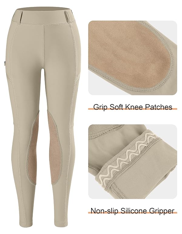 SANTINY Girls Horse Riding Pants with Zipper Pockets Kids Stretchy Equestrian Breeches Knee-Patch Youth Schooling Tights (Khaki_XXL) by SANTINY - Image 6