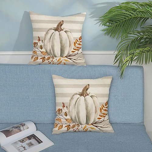 Miniatura 10 de Juego de 2 fundas de almohada de otoño de 18 x 18 pulgadas, diseño de calabaza y rayas, decoración de otoño, de lino, Acción de Gracias, para