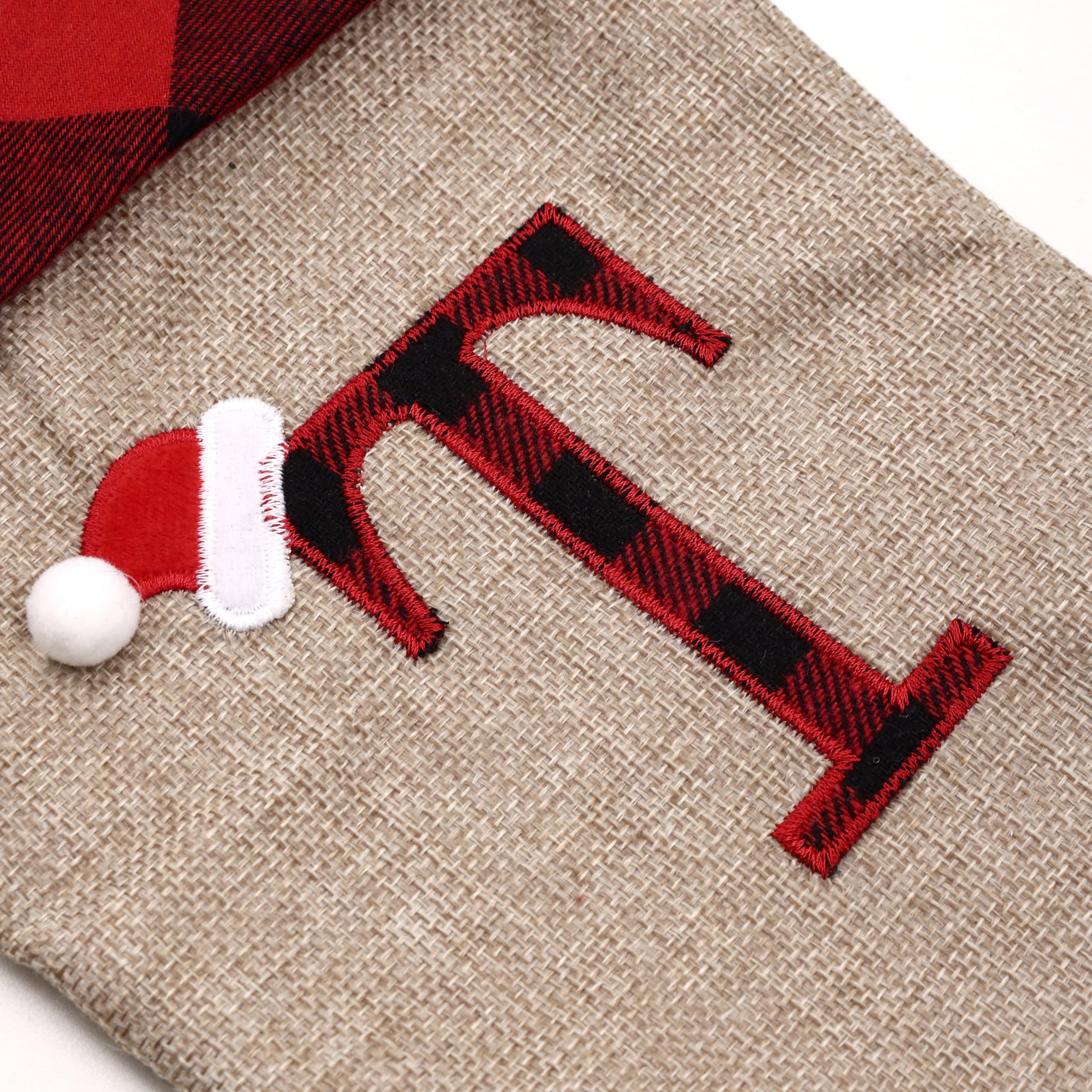 DYPUEYAK 20-Inch Rustic Linen Christmas Stocking Personalized Plaid Letter with Beige & Red Buffalo Plaid Cuff, Festive Holiday Decoration(Letter J)