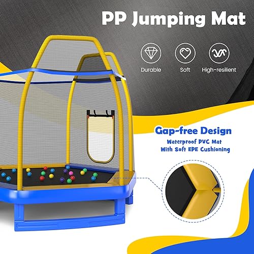 Miniatura 5 de GYMAX Trampolín para niños, cama elástica de 7 pies aprobada por ASTM con tobogán, escalera, pelotas y tapetes oceánicos, trampolín recreativo