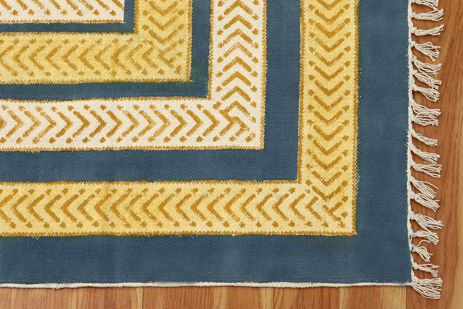 7' Square Rug Kilim Rug Yellow & Blue Cotton Dhurrie Indoor Outdoor Rug Flatweave Rug High Traffic Area Bedroom Bedside Custom Mat Dining Table Doormat