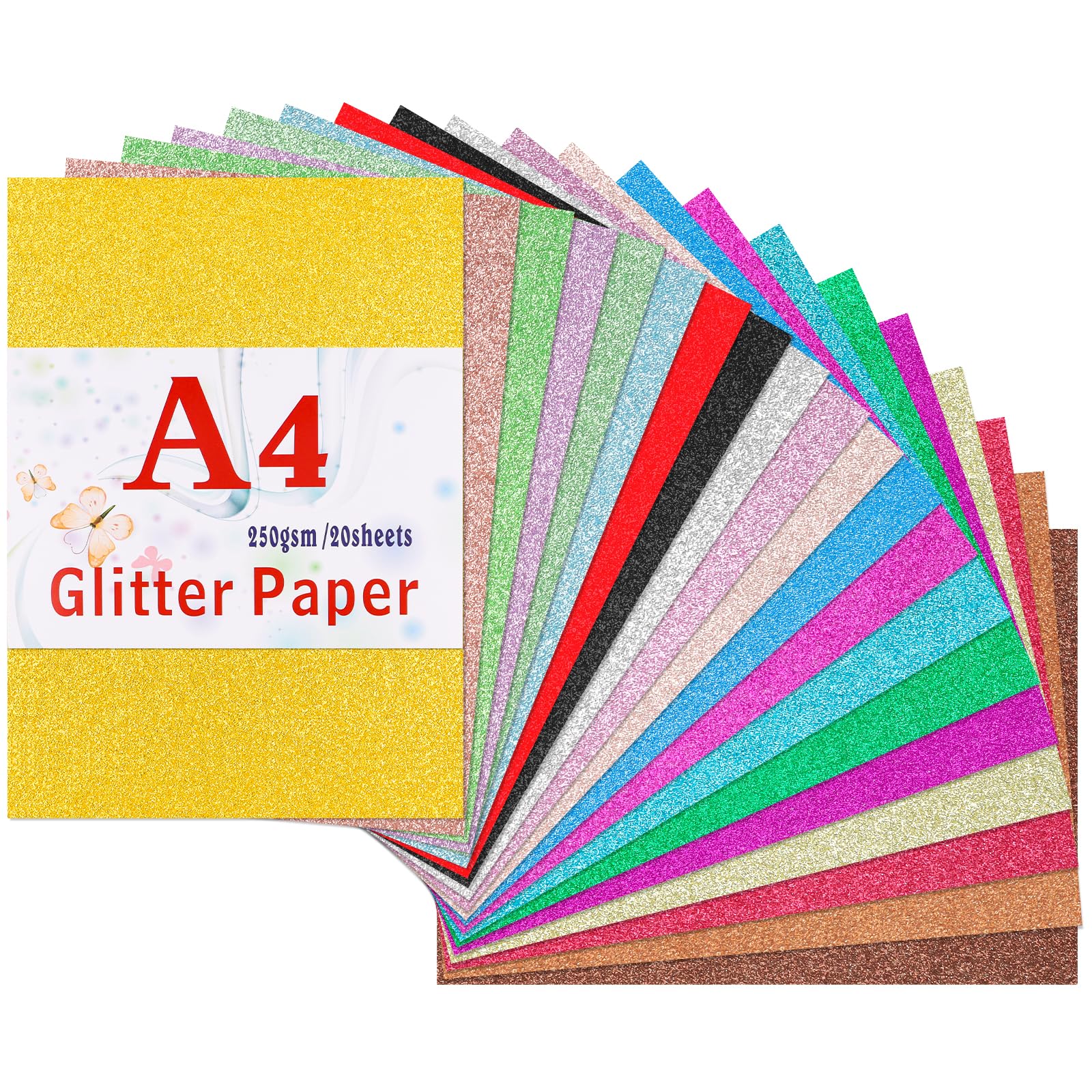Caianwin 20 Sheets Glitter Cardstock 20 Colors Glitter Card A4 Glitter Paper for Craft for Wedding Cards, Birthday Decorations, Holiday Greeting Cards DIY Gift