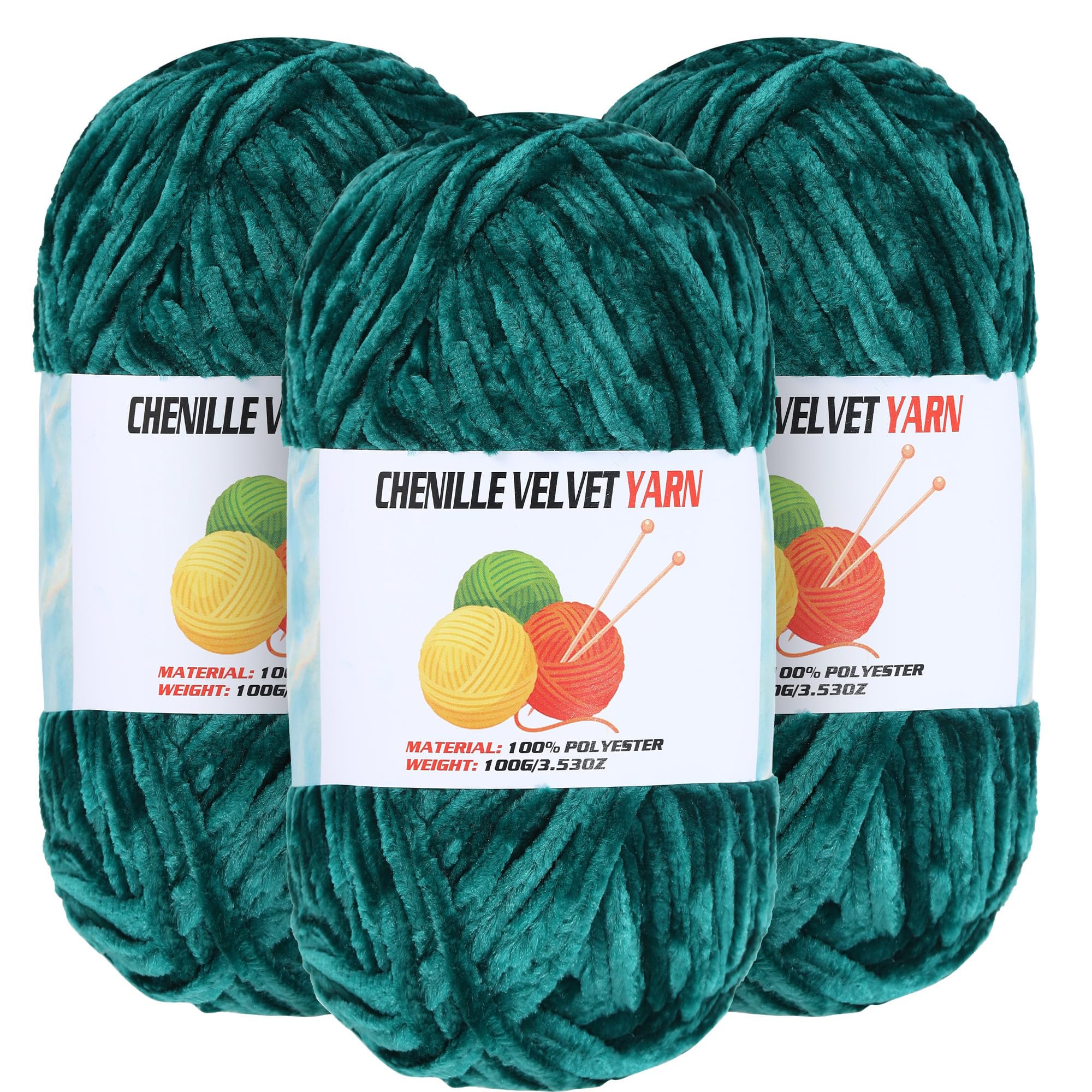 3 * 100g Velvet Chenille Chunky Yarn for Crocheting, Handcrafts Weaving Soft Chenille Yarn for Crocheting Clearance, Used for Making Baby Yarns Blanket, Clothes, Knitting Creations (Dark Green)