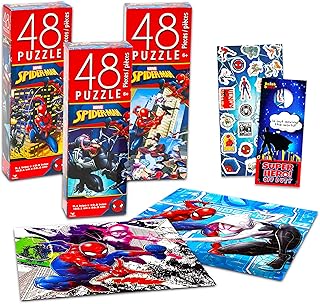 Marvel Spiderman Jigsaw Puzzle for Kids Bundle Spiderman Activity Set - 3 Pack Spiderman Jigsaw Puzzles 48 Piece Each with Spiderman Stickers (Spiderman Toys for Boys)