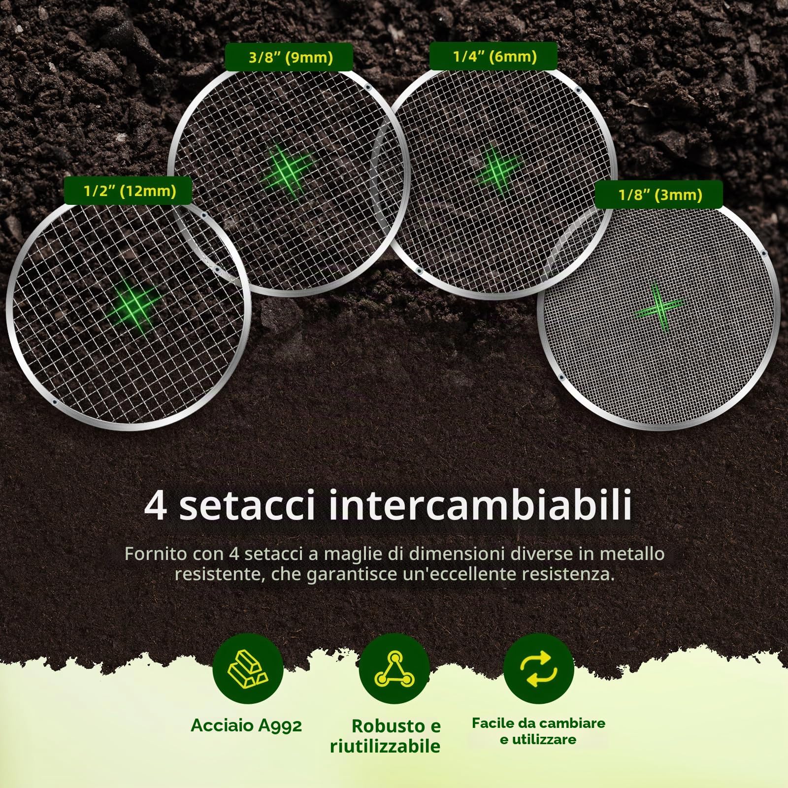 Setaccio rotante manuale migliorato per giardino, setaccio per compost, filtro a maglie da 13 pollici con 4 setacci intercambiabili (3/6/9/12 mm), setaccio orticolo, setaccio per orticoli