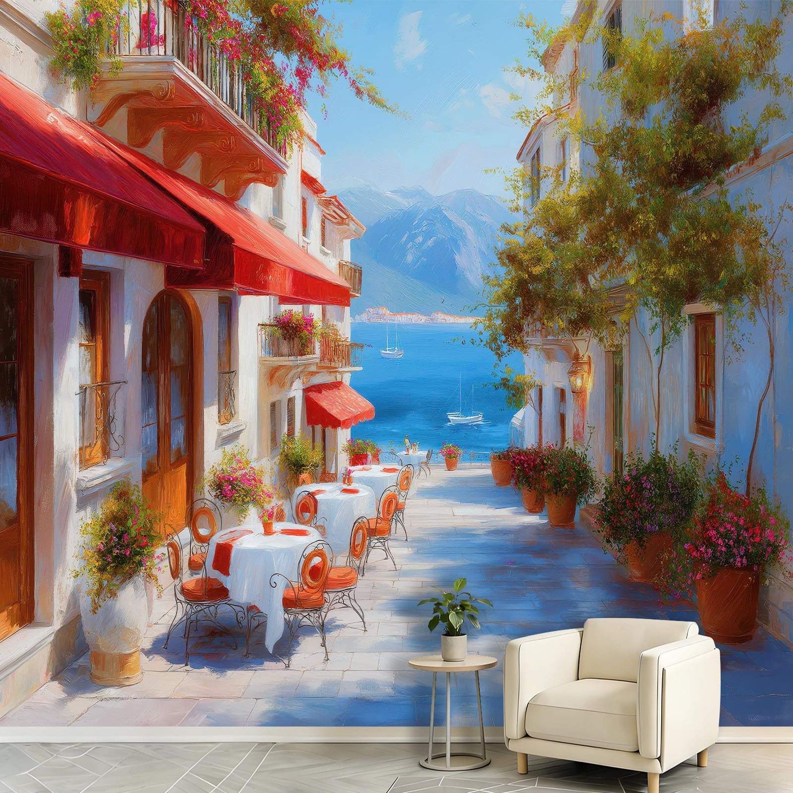 Papier peint 3D bord mer aquarelle romantique pour habiller une chambre