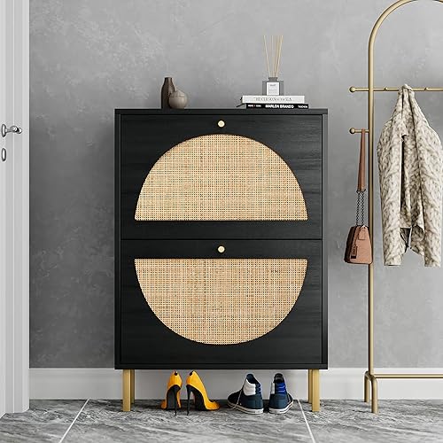 Miniatura 3 de SSLine Zapatero con 2 estantes de almacenamiento abatibles, estante de zapatos de pie moderno, organizador de almacenamiento de zapatos de madera