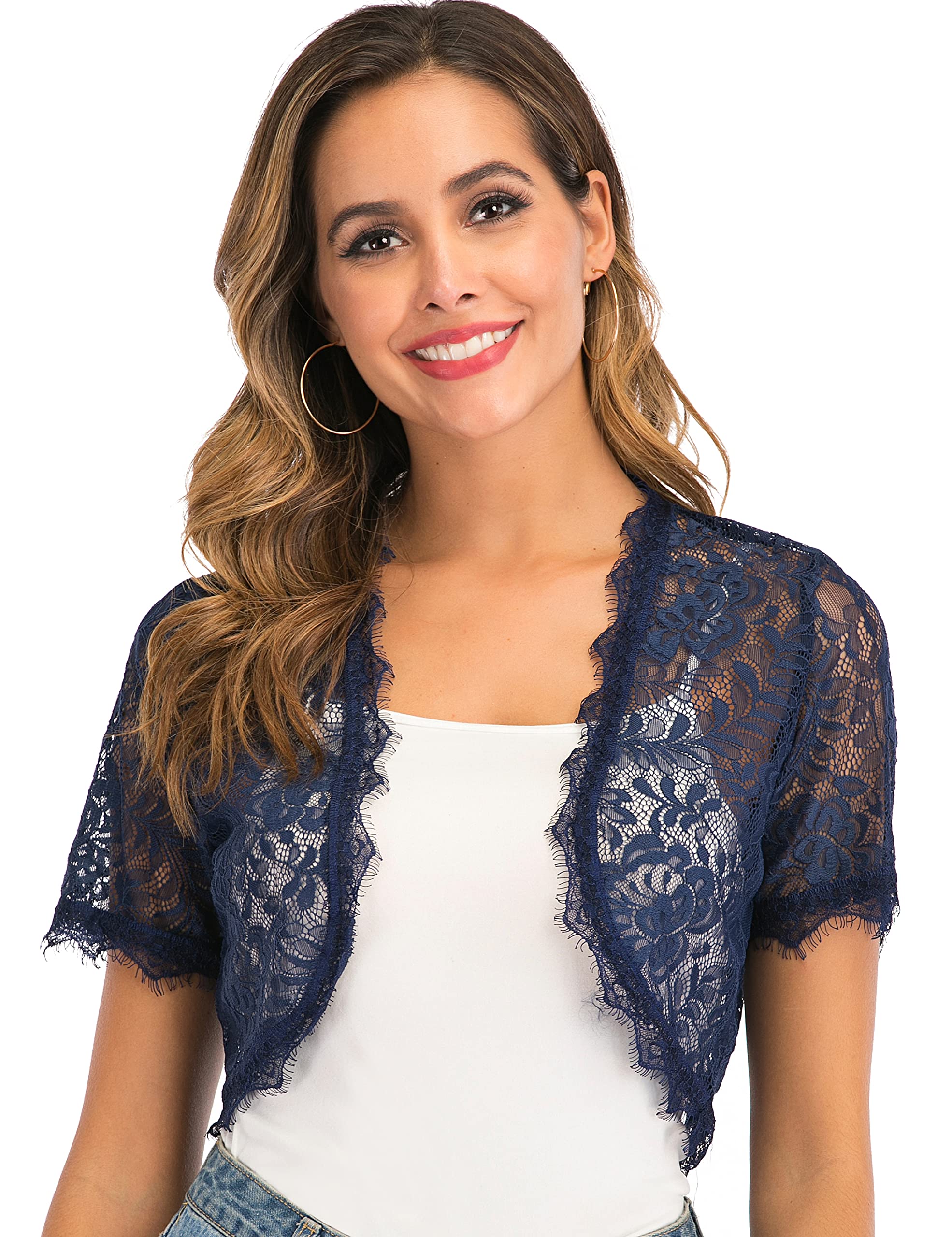EnjoyoselfWomens Shrugs Lightweight Lace Short Sleeve Open Front Bolero Cardigan Cover Up Crochet Short Coat