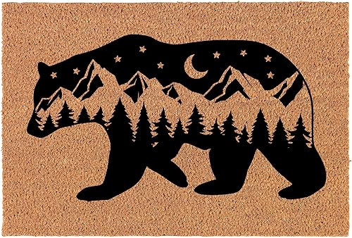 Felpudo de bienvenida de fibra de coco para puerta, diseño de oso y montañas (24 x 16 pulgadas)