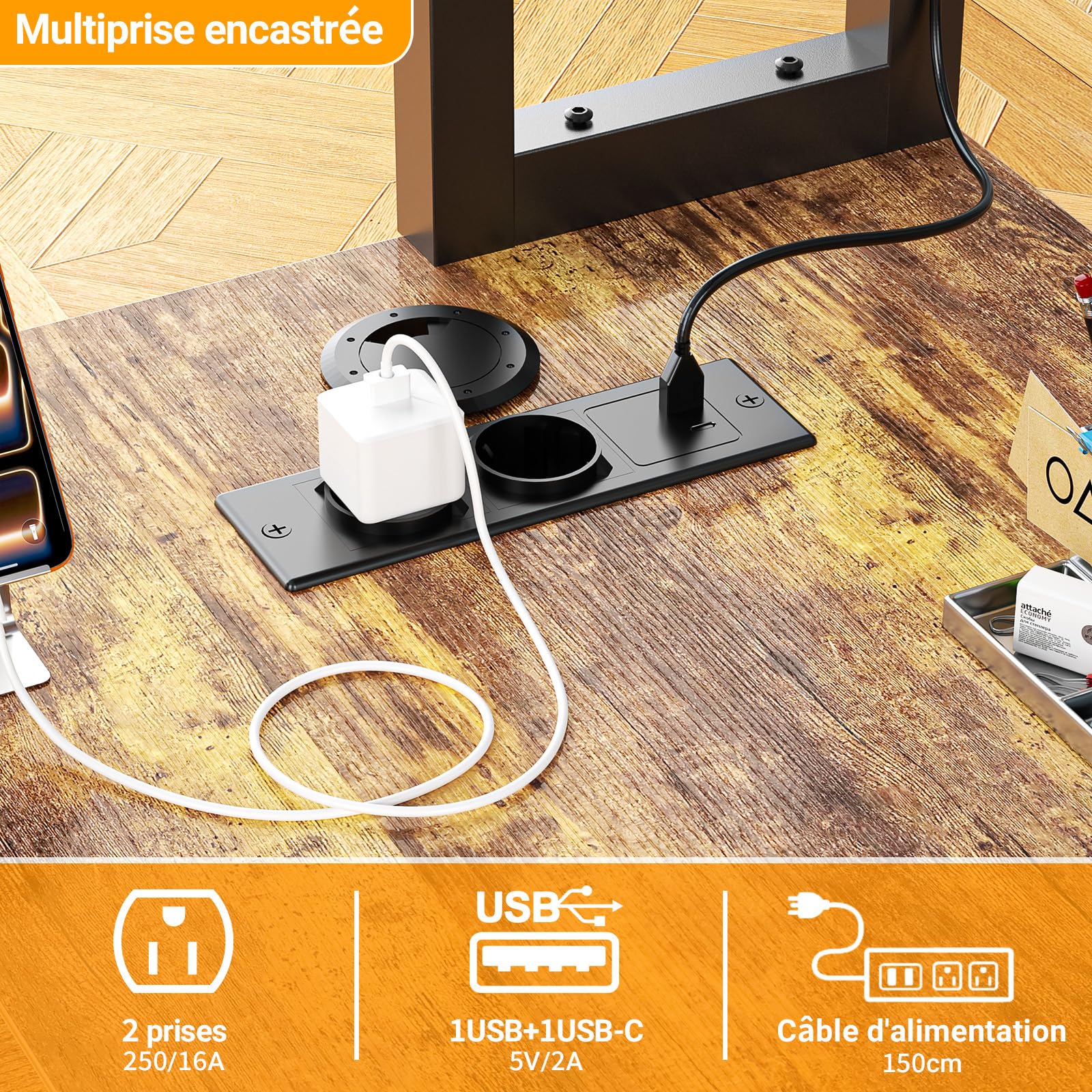 Homieasy Bureau d'angle Gaming 150cm LED, Prises, Tiroirs, Brun Rustique