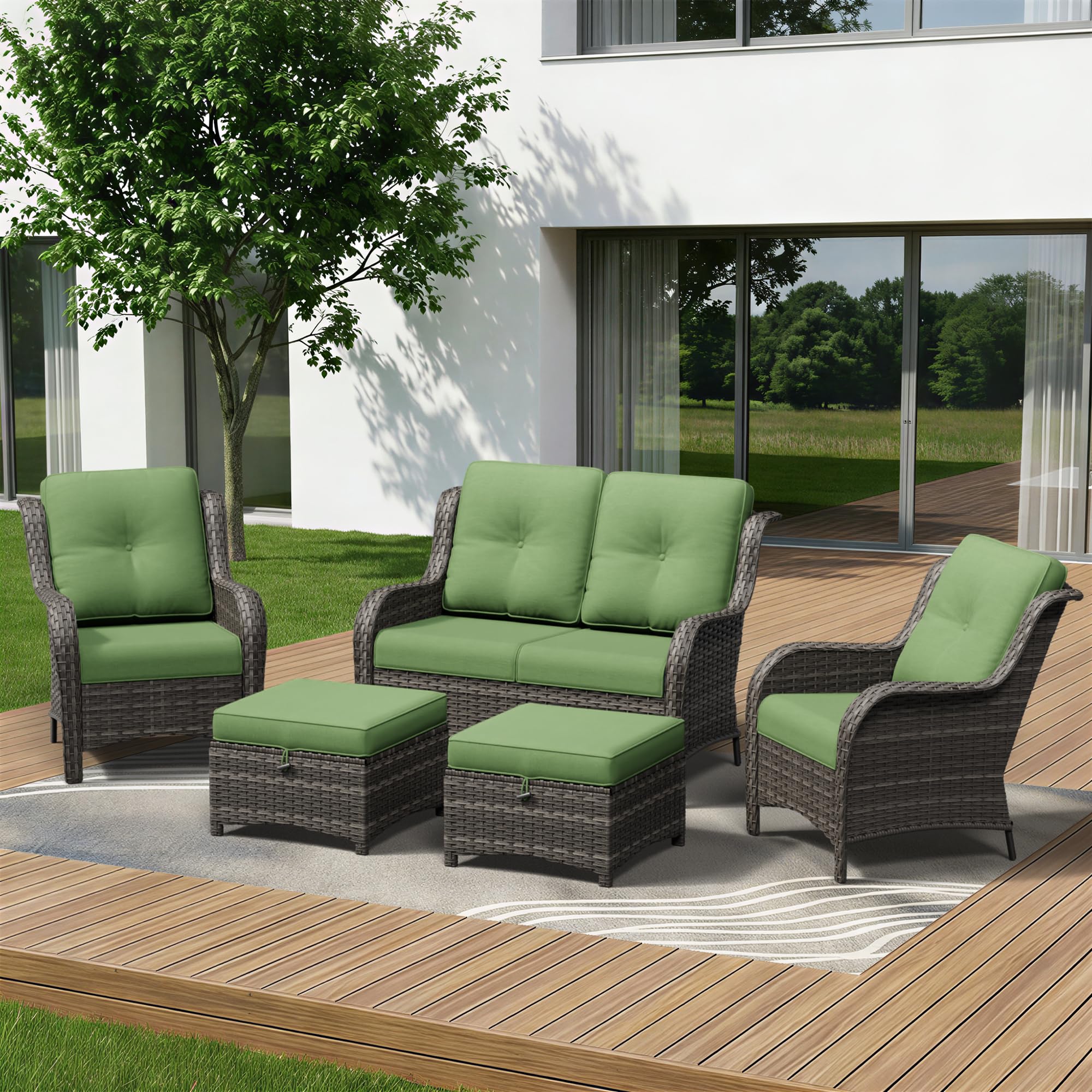 5 Piece Outdoor Wicker Patio Furniture Set, Patio Chairs Set with Thickened Olefin Cushions, High Back and Deep Seating, Hand-Woven PE Rattan, Ottoman for Porch, Deck